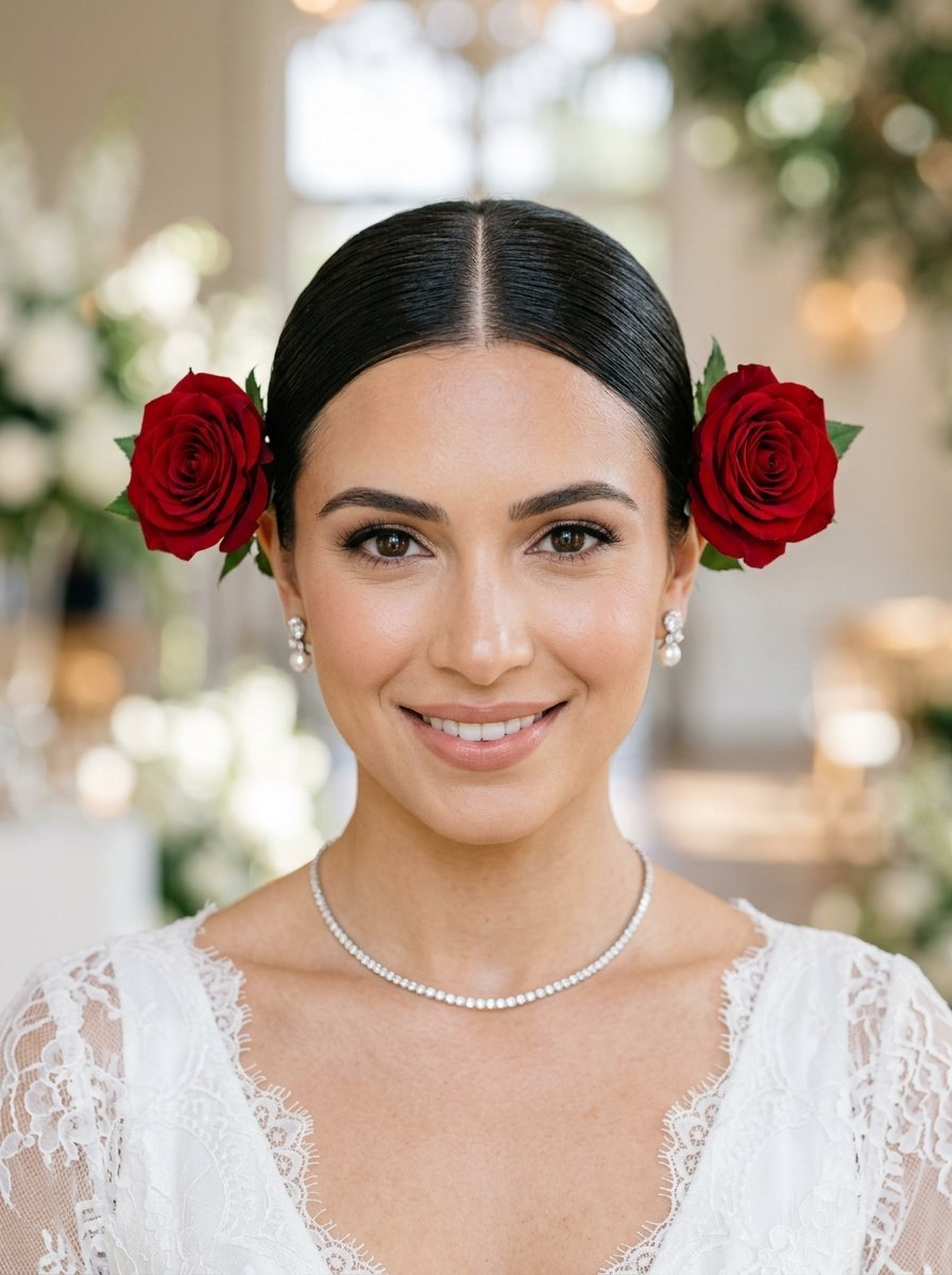 Close-up of a smiling bride with dark hair parted center and red roses tucked behind each ear.