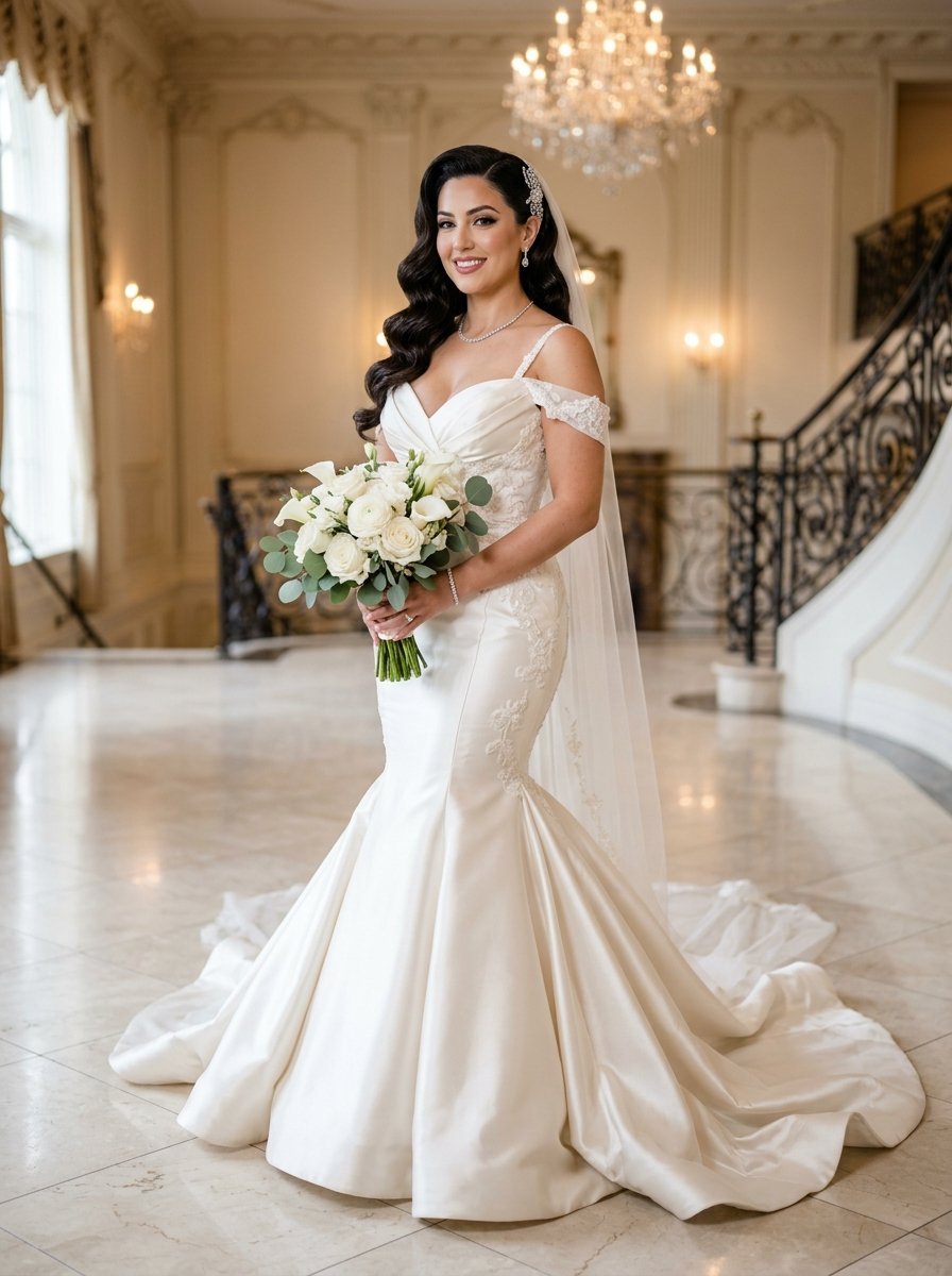A smiling bride wearing an off-the-shoulder satin gown and veil stands in a grand marble foyer holding a bouquet.