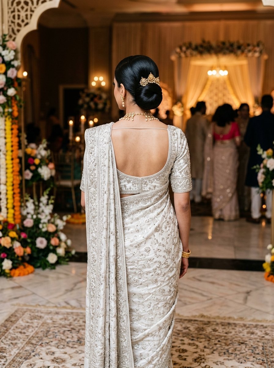 A woman stands with her back to the camera wearing a traditional white and silver saree with a formal hair bun.