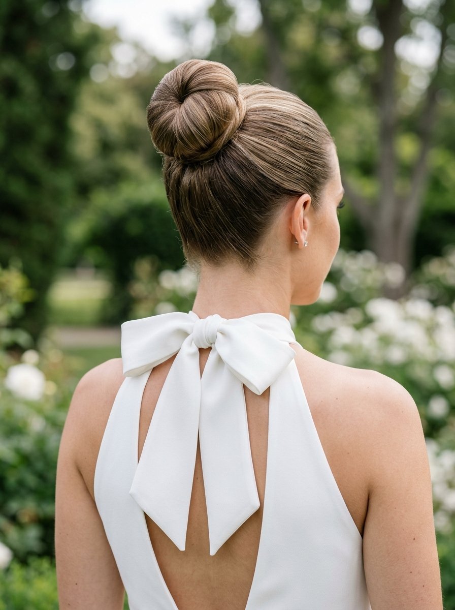 A woman seen from behind with her hair styled in a neat, high bun, wearing a white dress with a bow at the neckline.