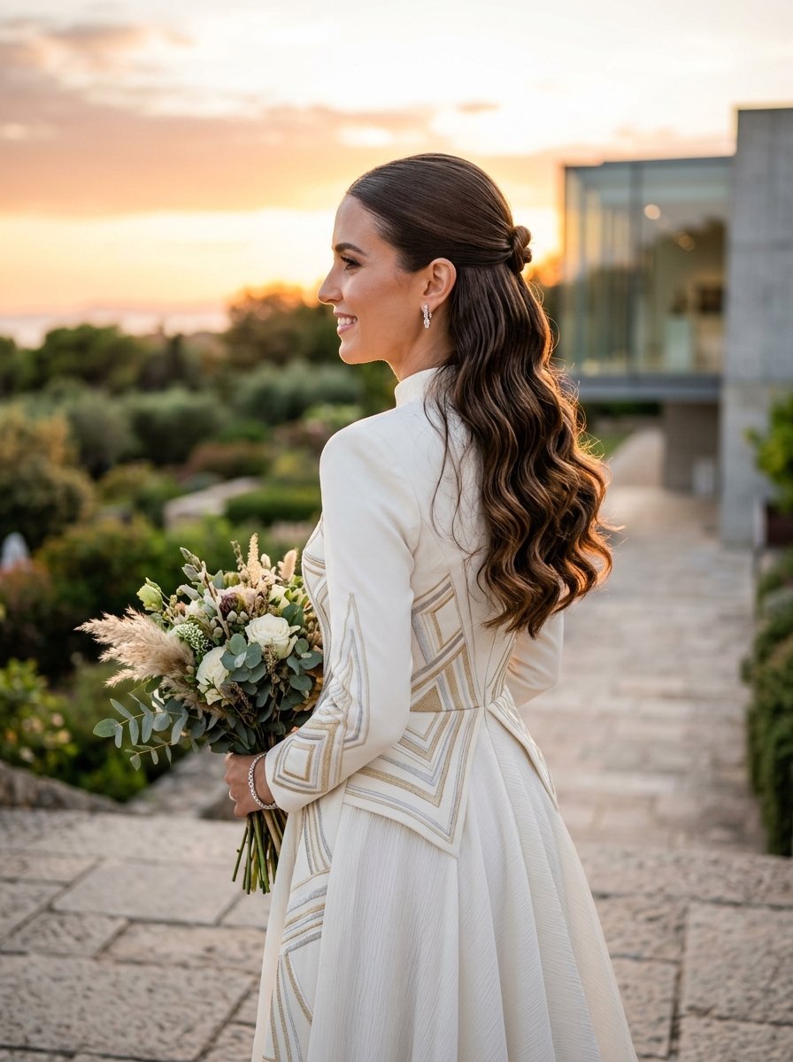 Side profile of a woman in an ivory wedding dress with geometric embroidery holding dried flowers at sunset.