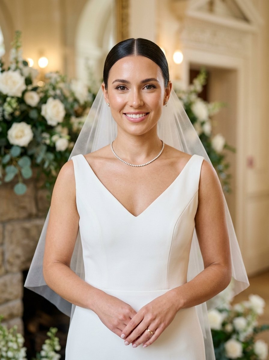 Portrait of a smiling bride in a white wedding dress with a sheer veil and diamond necklace.