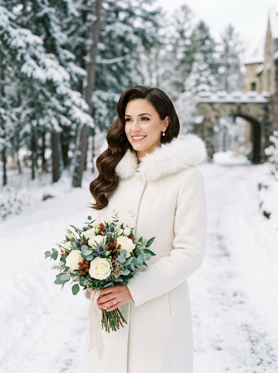 Portrait of a smiling woman in a white fur-trimmed coat and wedding dress holding flowers in a snowy forest.