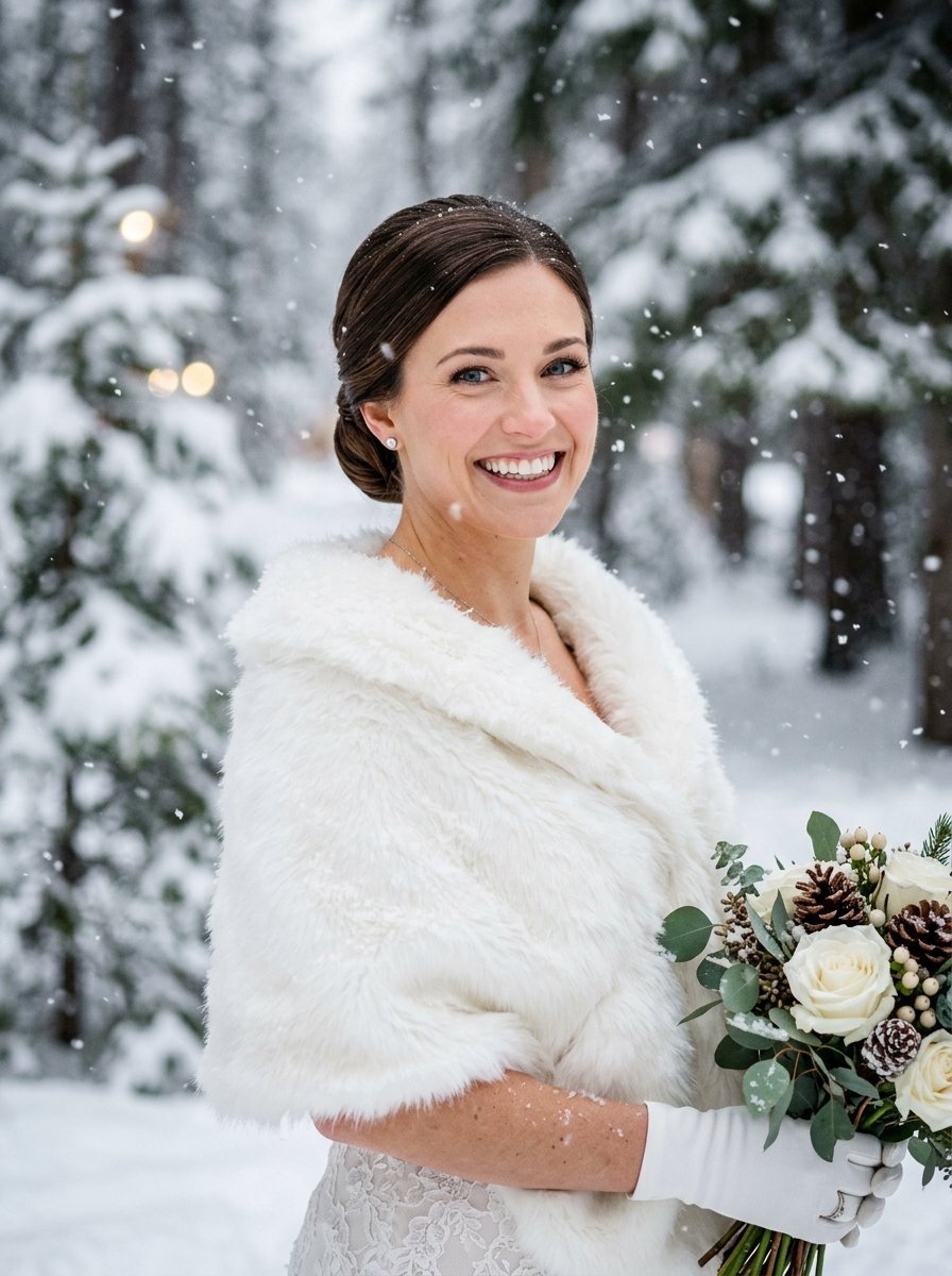 Smiling bride in a faux fur stole holding a winter bouquet while snow falls in a forest setting.