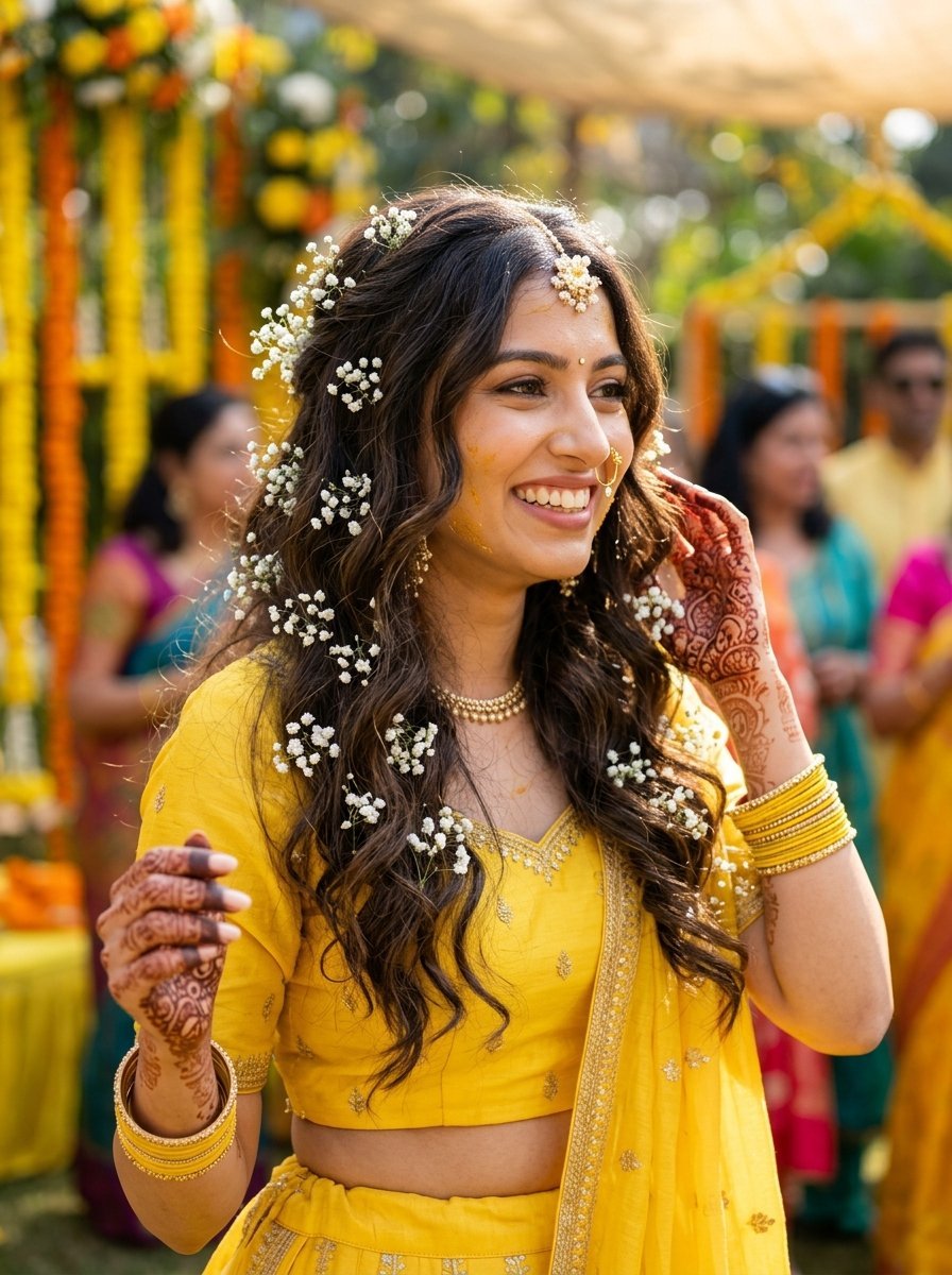 Smiling bride with baby's breath flowers in her hair and henna-patterned hands at an outdoor wedding ceremony.