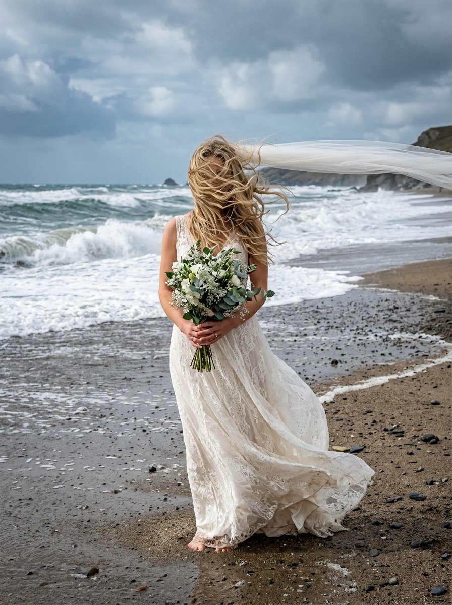 A bride in a lace gown standing on a windy beach with her veil and hair blowing across her face.