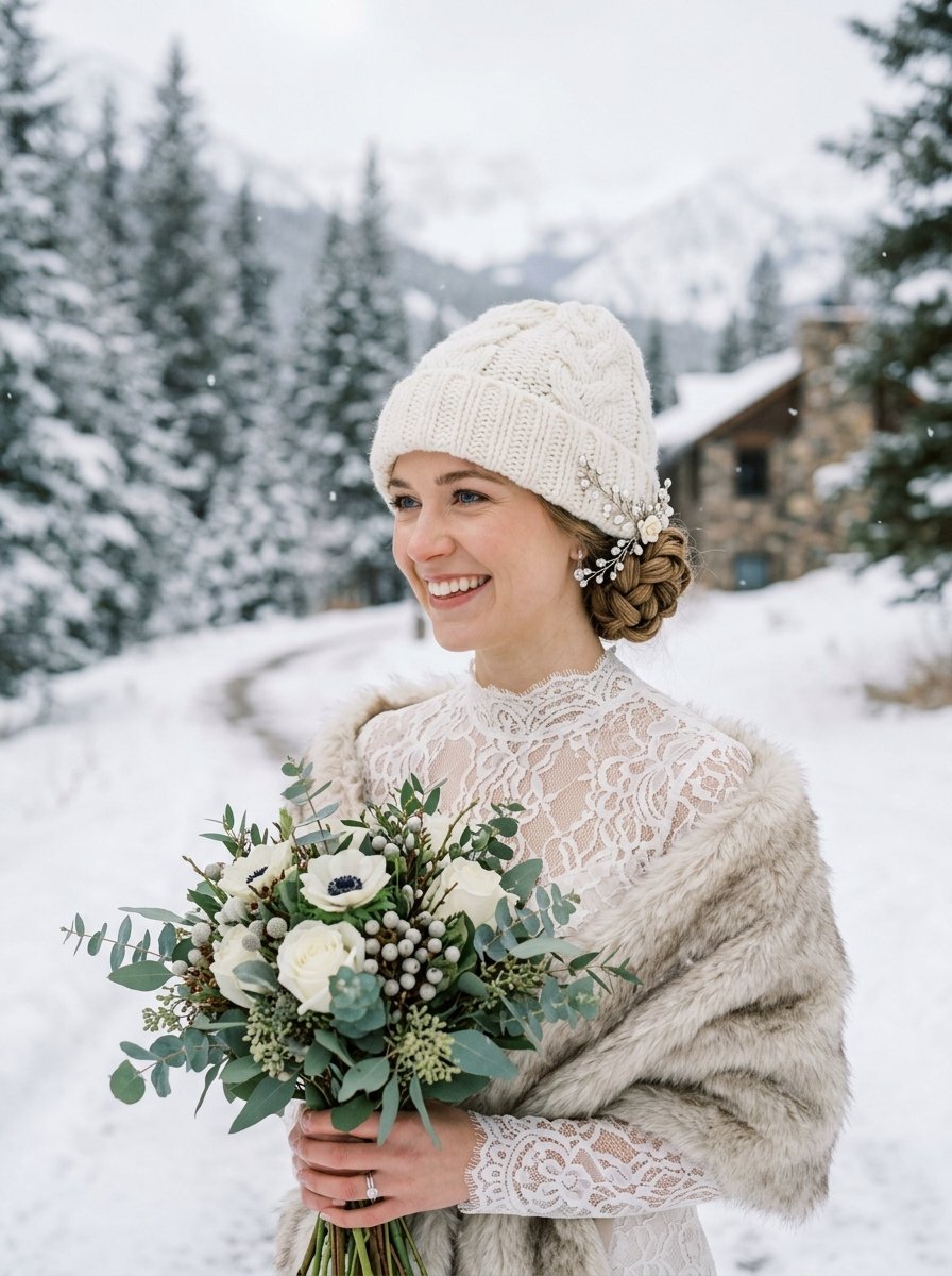 Bride in lace dress and faux fur wrap holding floral bouquet in snowy winter forest scenery.