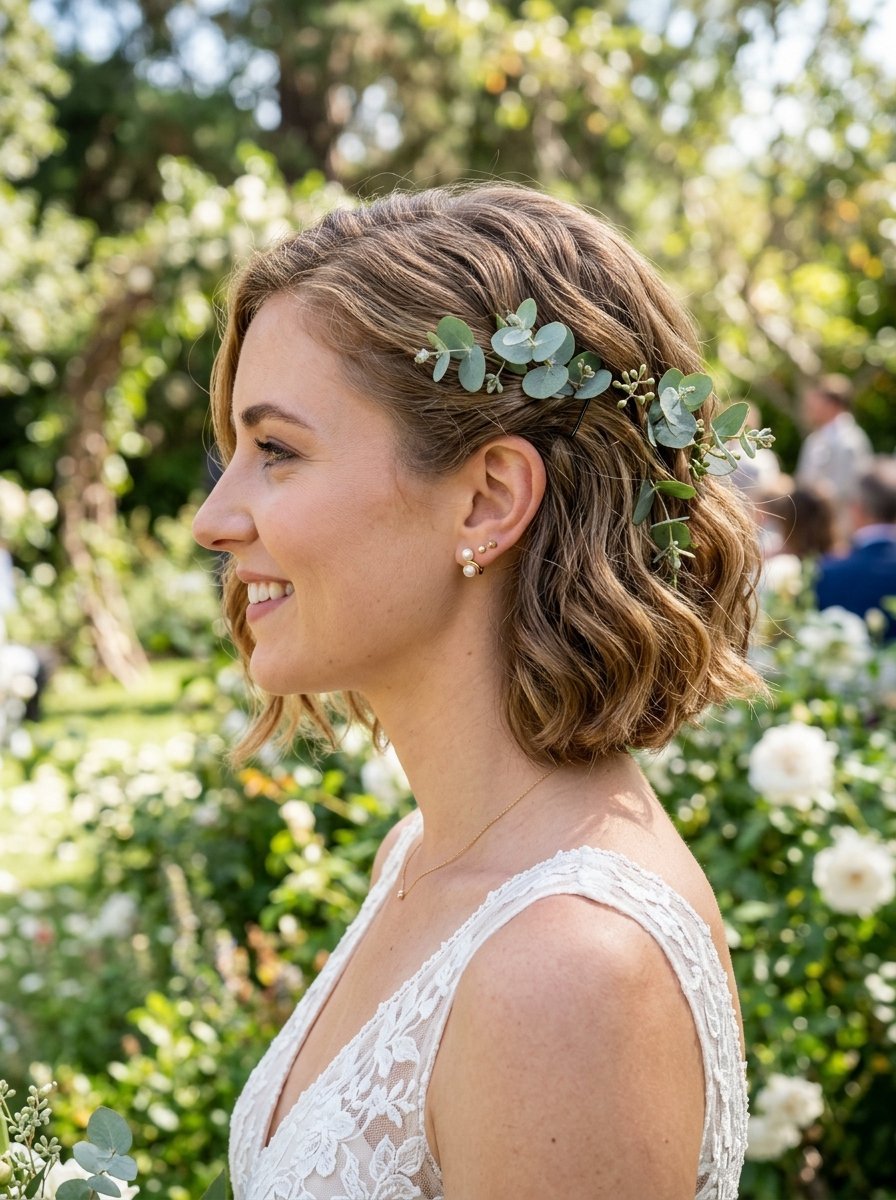 Side profile of a woman with wavy hair pinned with small eucalyptus sprigs at a garden wedding.