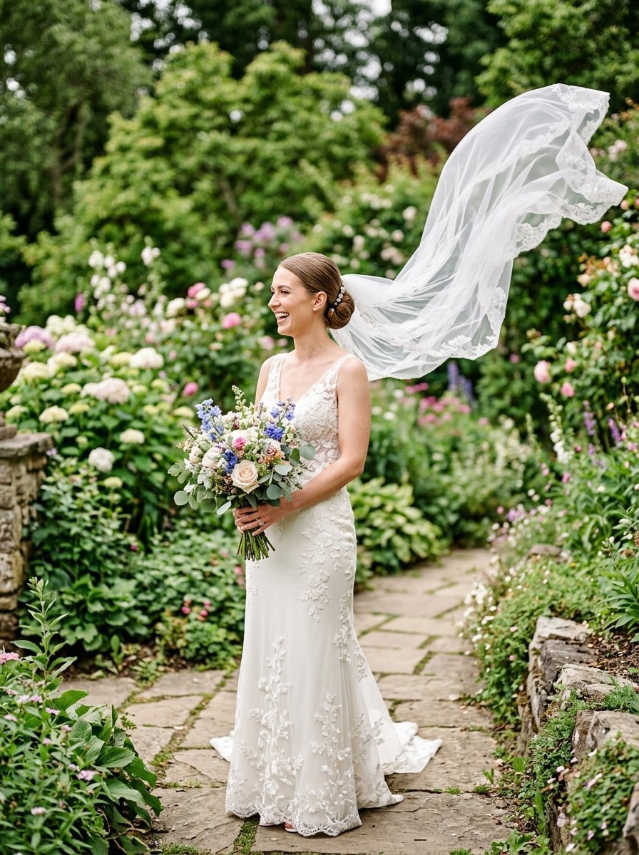 Smiling bride in a lace gown with her long veil blowing in the wind amidst a blooming English garden.