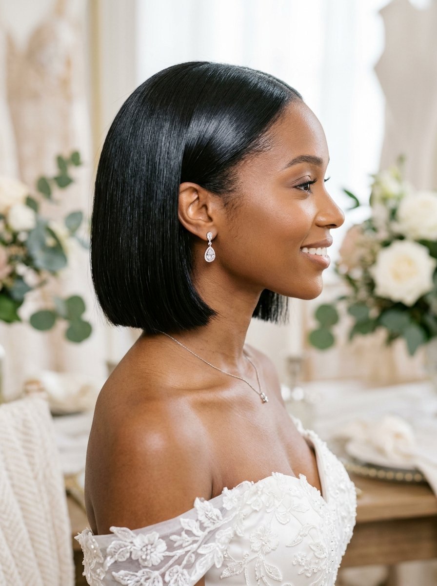 Profile view of a Black woman in a white wedding gown with a short straight hairstyle and pear-shaped earrings.