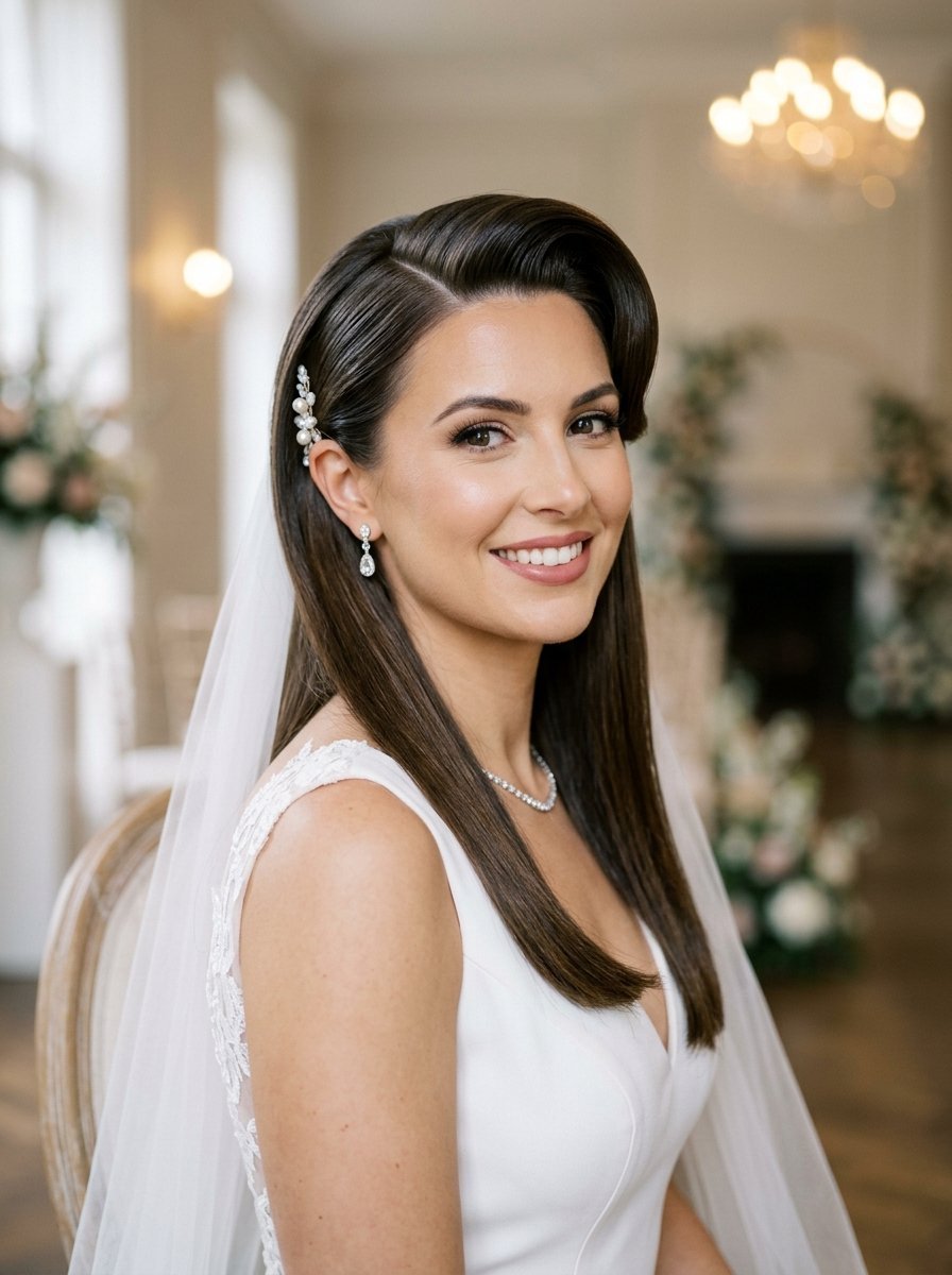 Portrait of a radiant bride wearing a sheer veil and pearl hair accessory in a bright elegant venue.