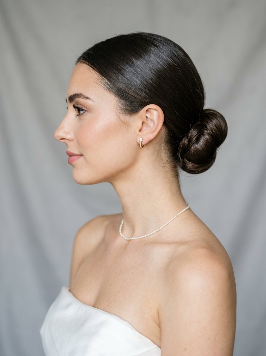 Side profile of a woman with dark hair in a polished low bun, wearing small diamond hoops and a thin pearl chain.