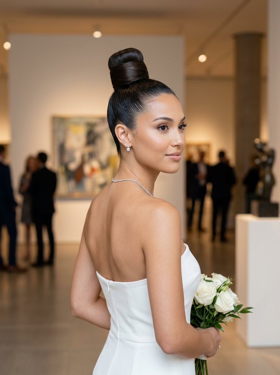 A woman in a strapless white dress with a high bun hairstyle holding a small bouquet of white roses.