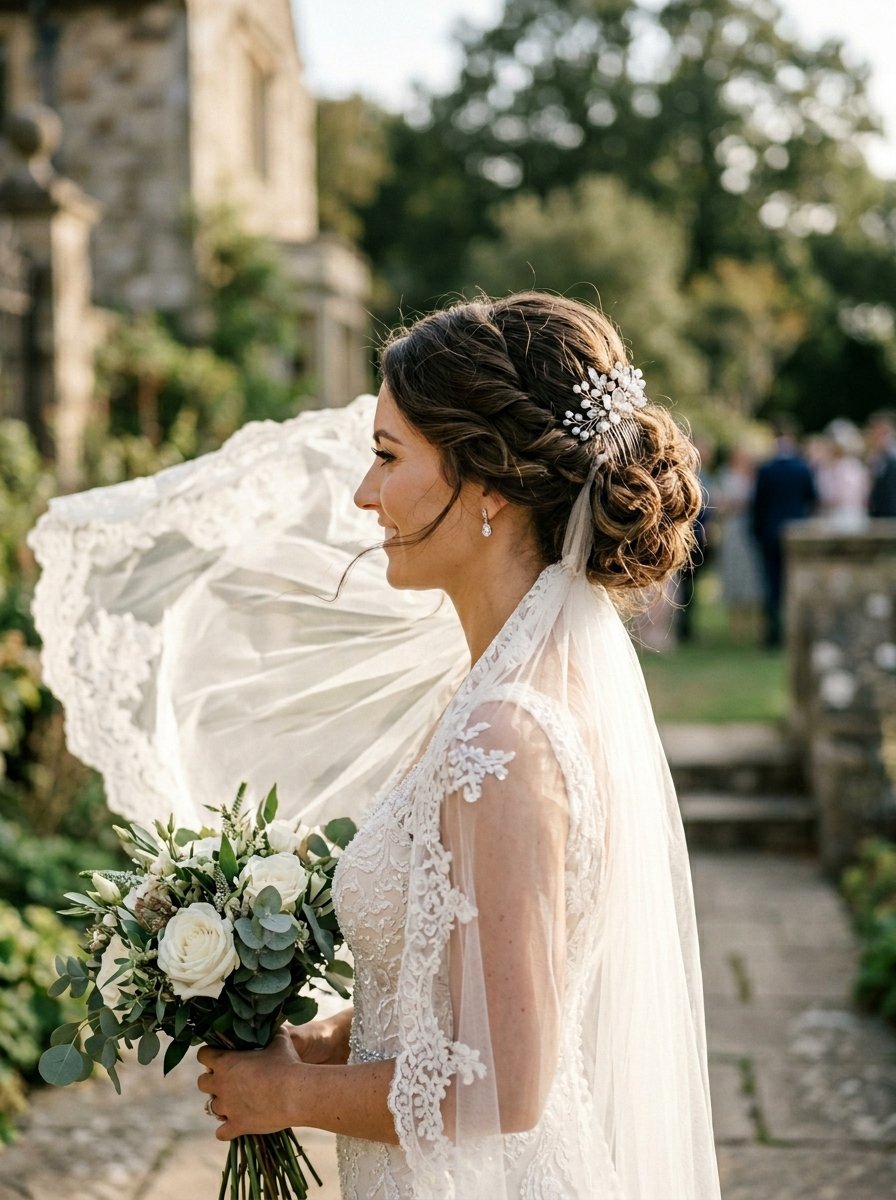 Side profile of a bride wearing an intricate hairpiece and lace veil while holding white roses and eucalyptus leaves.