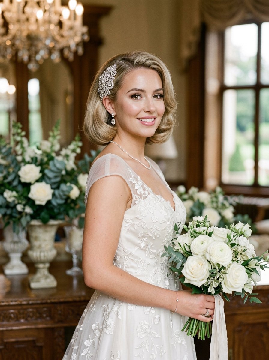 A blonde bride wearing a lace gown and sparkling hair accessory holds a white rose bouquet.