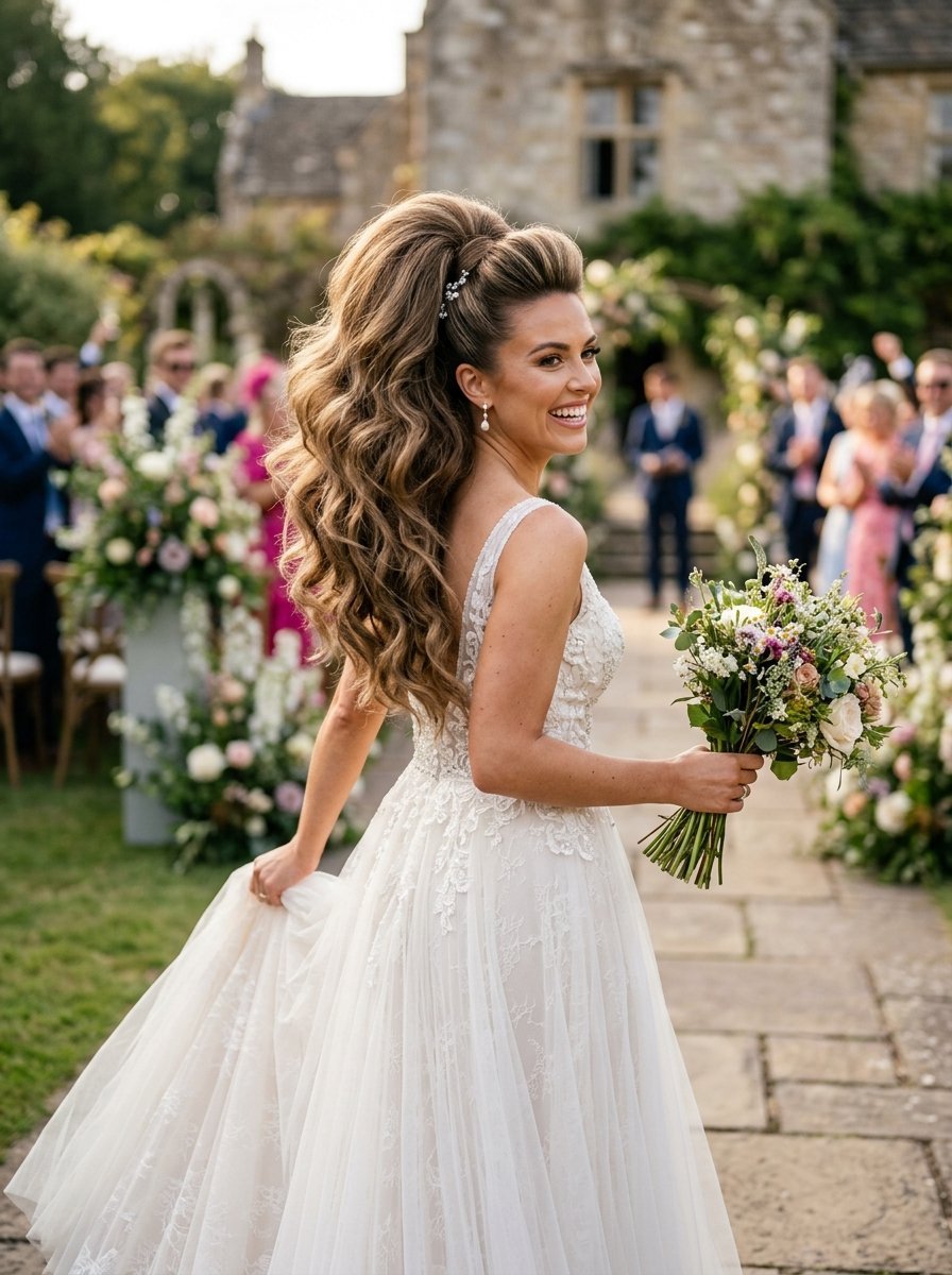 Smiling bride in a lace wedding dress holding flowers in an outdoor garden wedding setting.