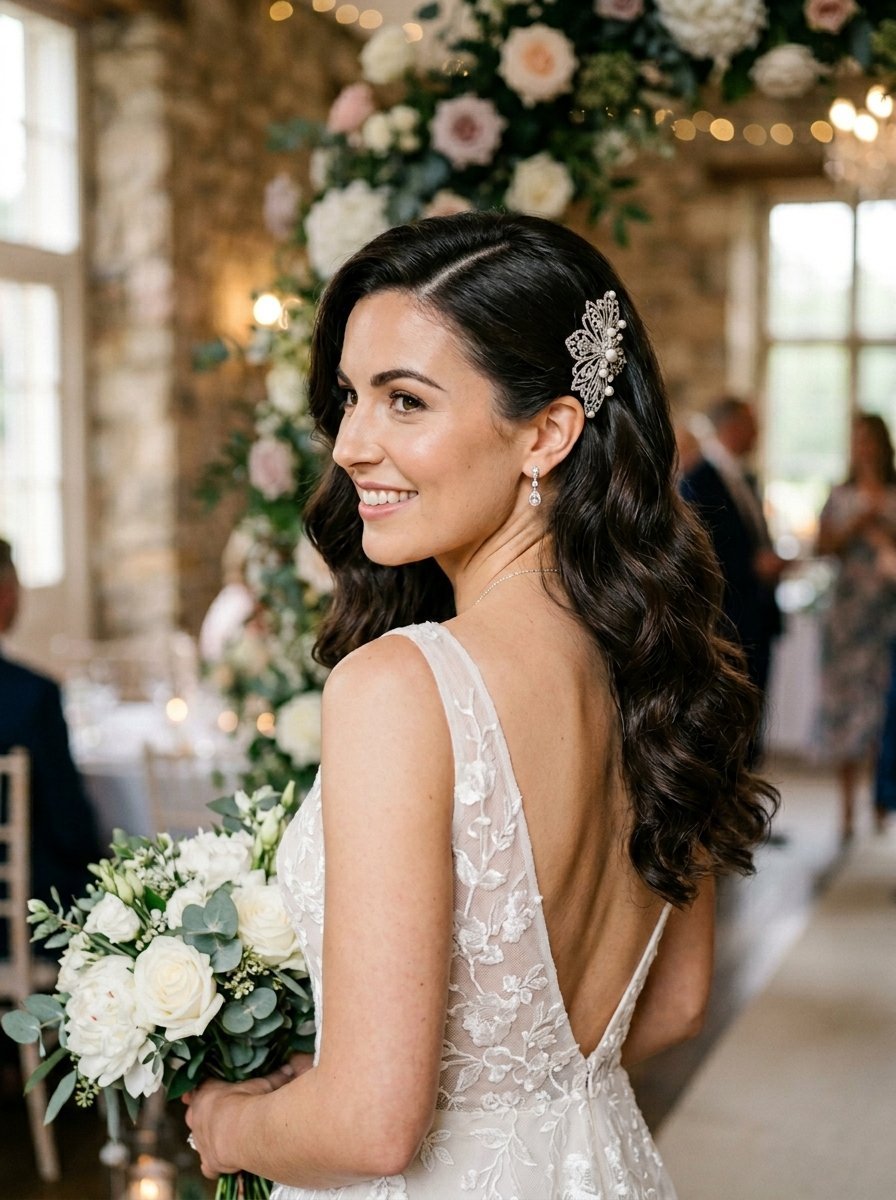 Close up of a smiling bride in a white lace dress wearing a sparkly hair clip and holding white roses.