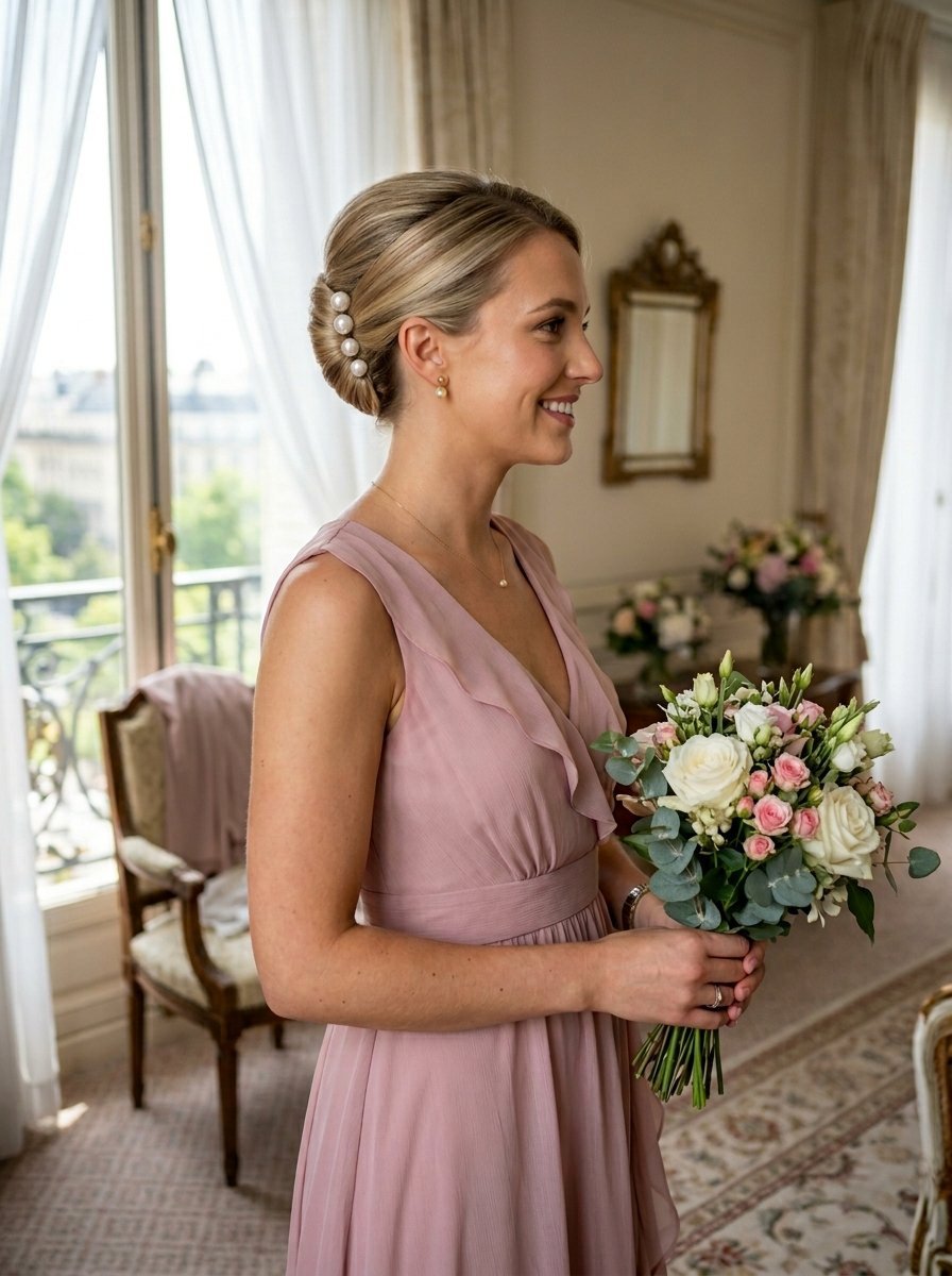 Side profile of a woman with blonde hair styled in a bun with pearl pins, wearing a pink dress and holding flowers.