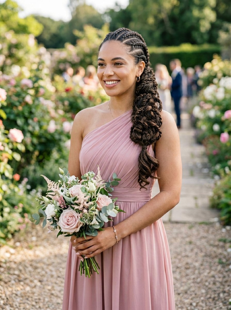 Young woman with braided hair wearing a one-shoulder pink dress and holding flowers in a garden.