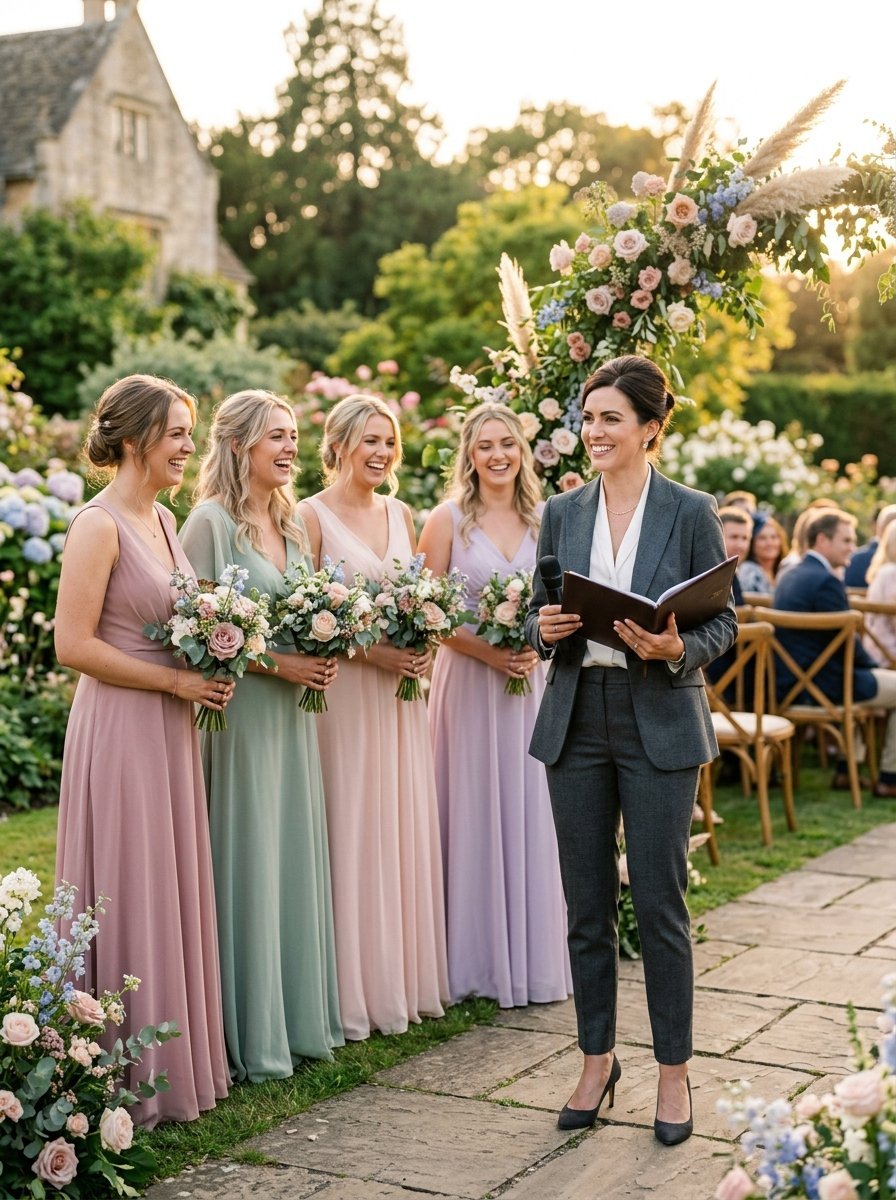 Four bridesmaids in colorful gowns standing next to a female wedding officiant holding a book and microphone.