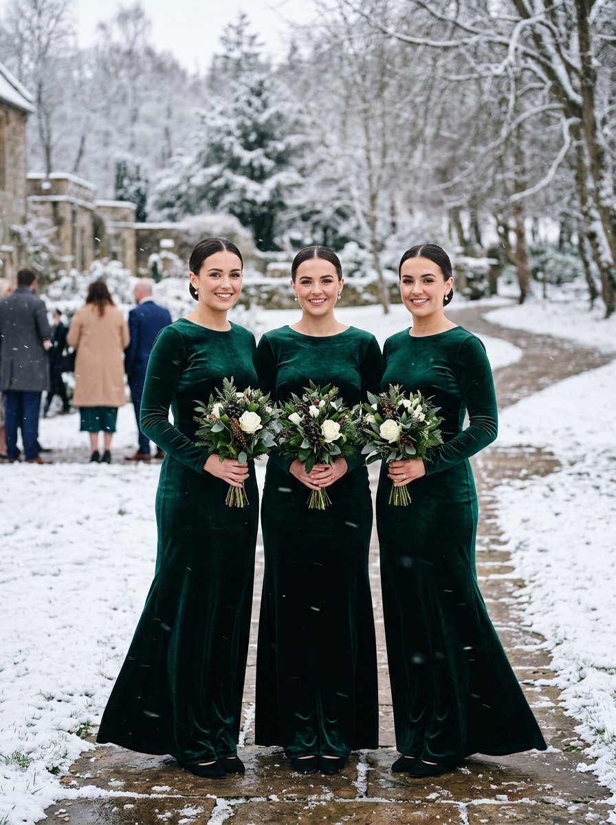 Three women in long-sleeved dark green velvet gowns posing with bouquets on a snowy pathway.