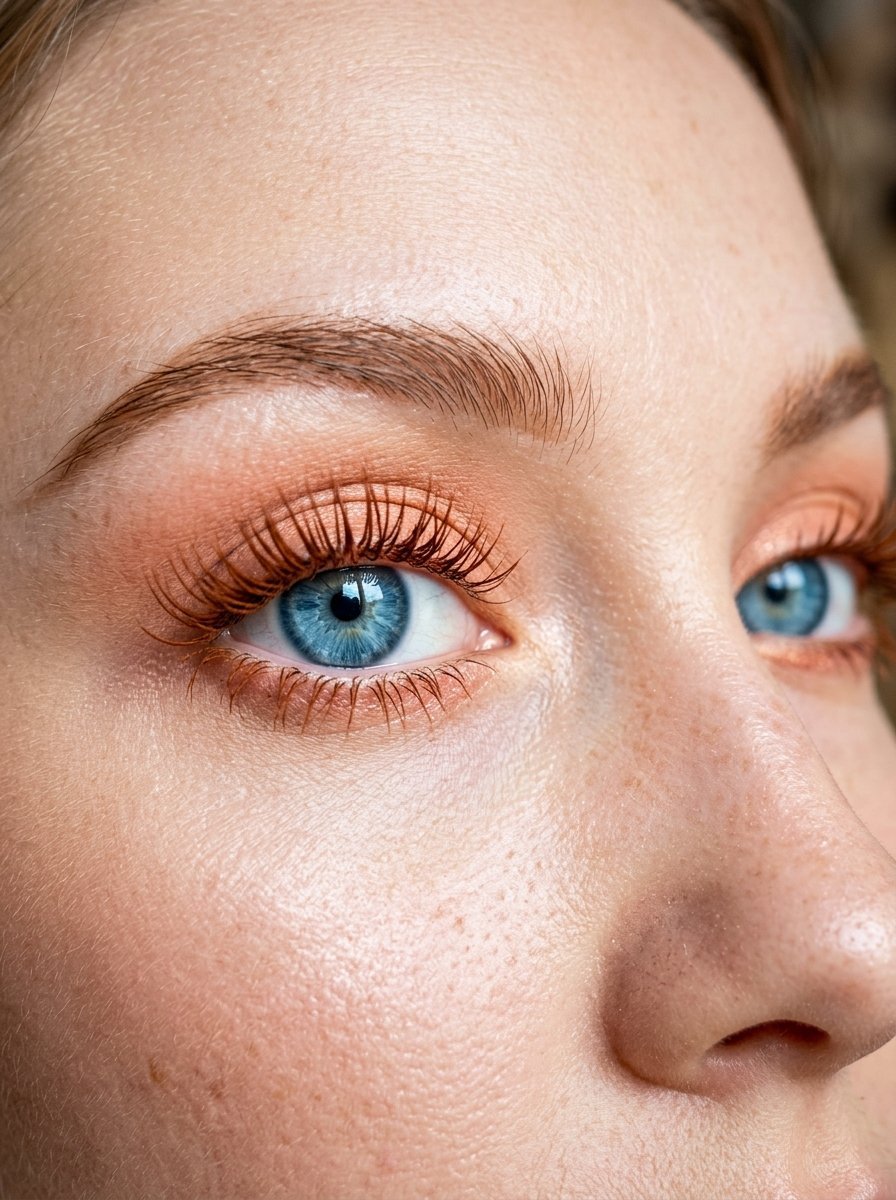 Extreme close up of a woman showing bright blue irises framed by warm orange mascara and eyeshadow.