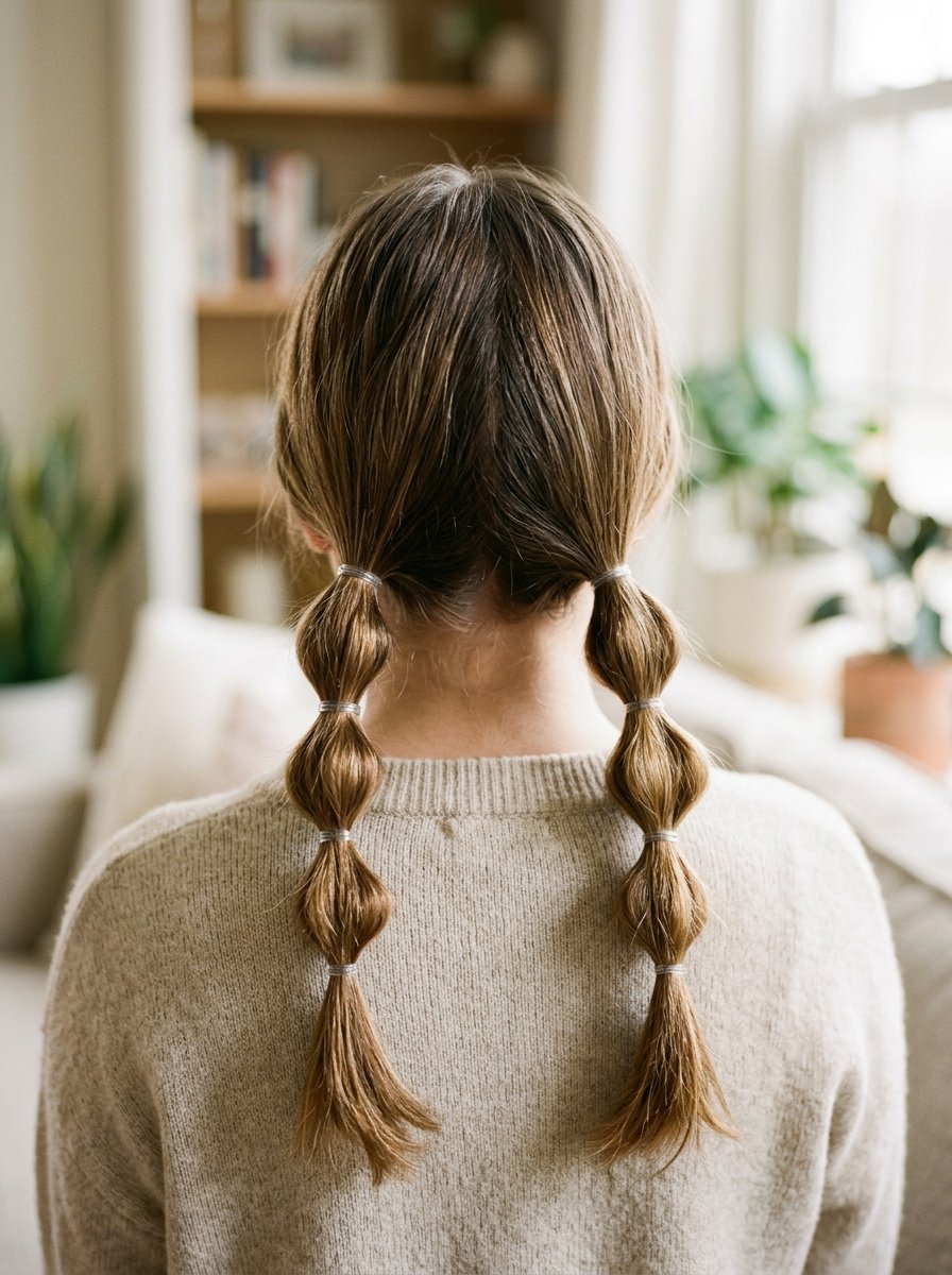 Back view of a person with brown hair styled into two long bubble ponytails using clear elastic bands.