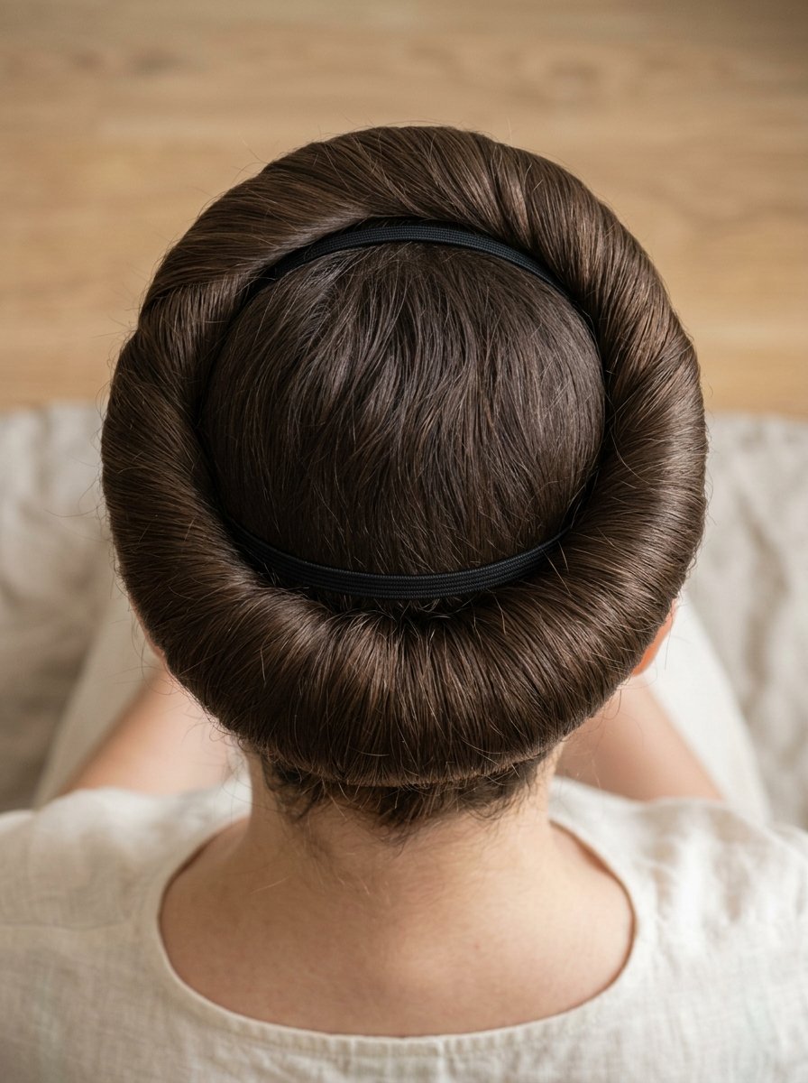 Top view of a person with brown hair styled into a perfectly round voluminous donut bun with a black elastic headband.