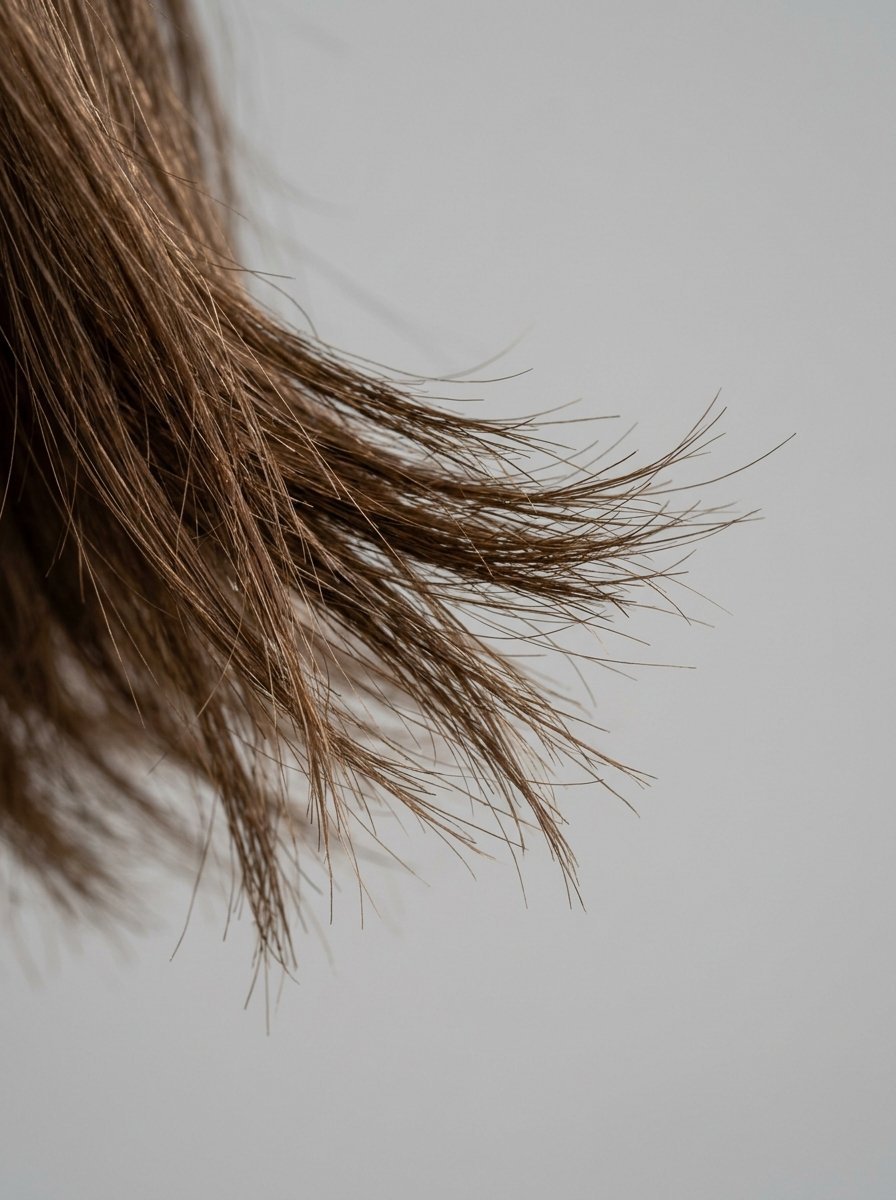 Detailed view of frayed light brown hair tips showing individual strands.