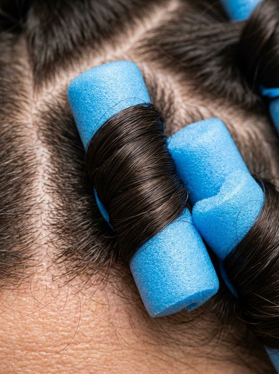 Close up view of brown hair sections set in blue flexible foam hair rollers on a person's scalp.