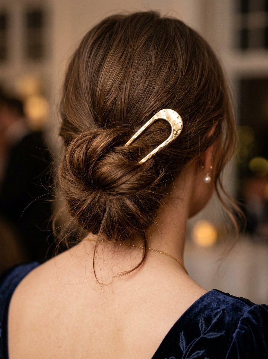Close up of a woman with brunette hair in a messy bun secured by a textured gold metal hair fork.