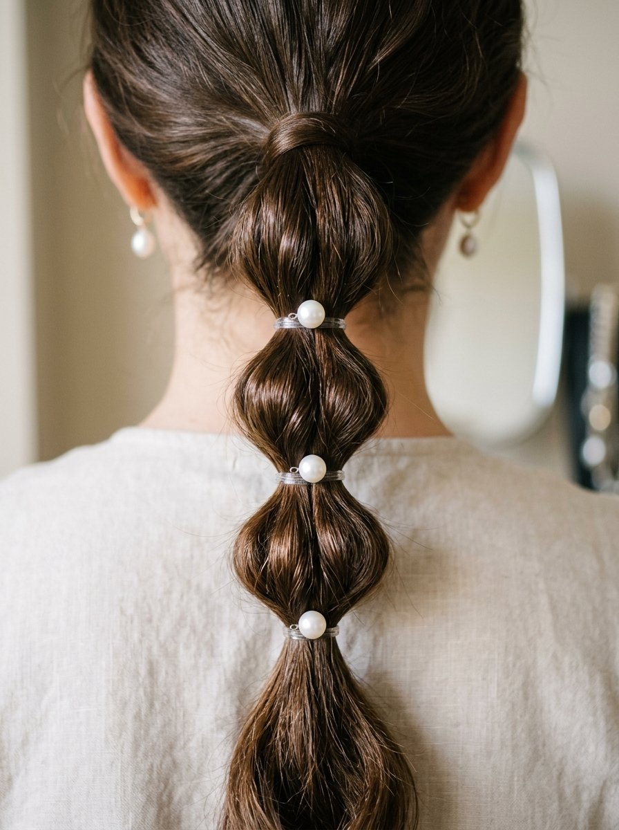 Close-up back view of dark brown hair styled in a bubble ponytail tied with white pearl hair ties.