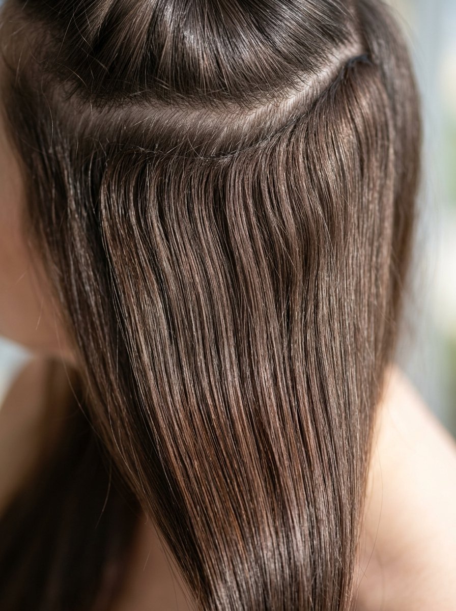 Close-up of brown hair showing the adhesive tape extension bond at the root.