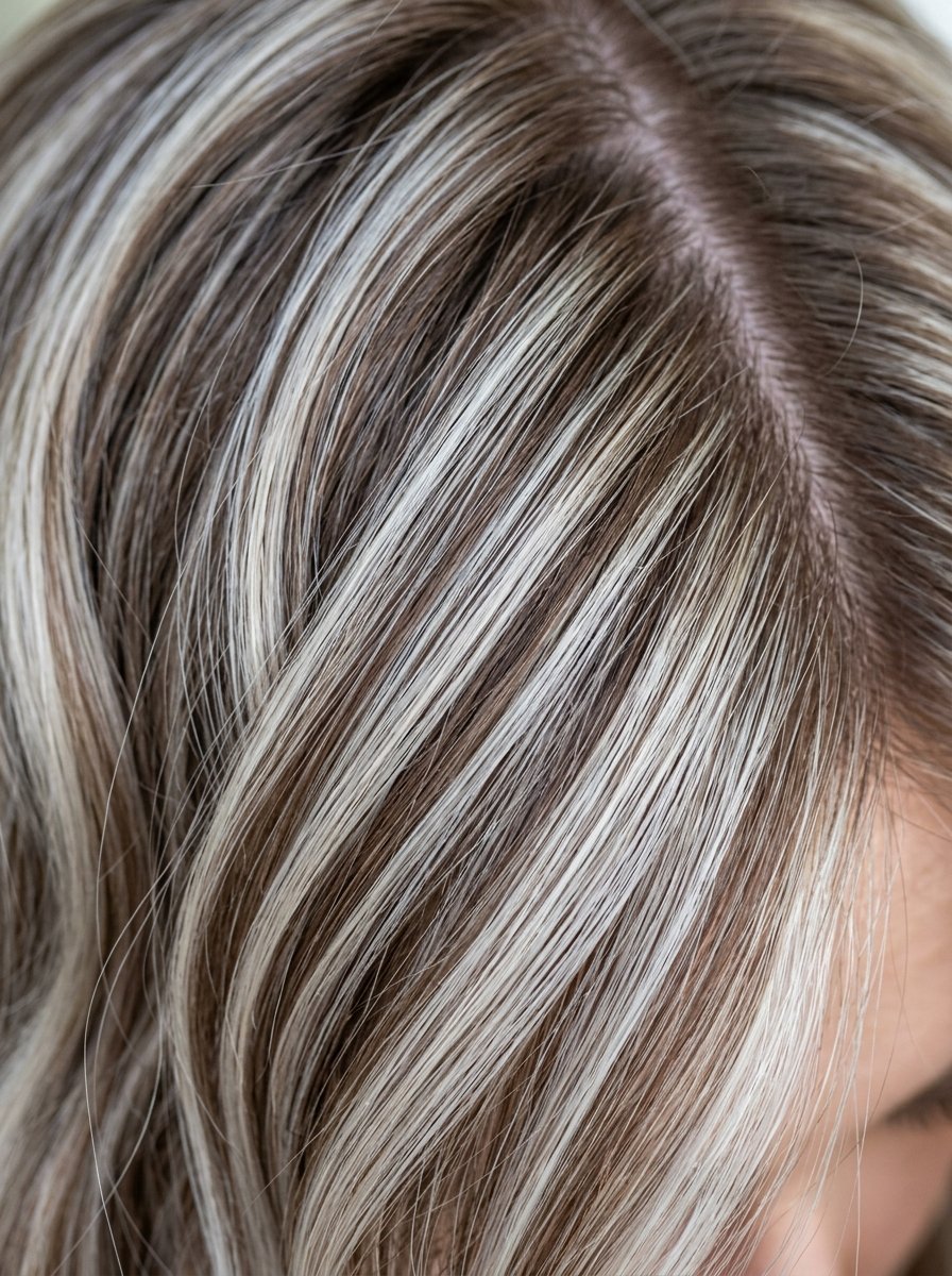 Top of a person's head showing brown hair with bright blonde highlights parted down the center.