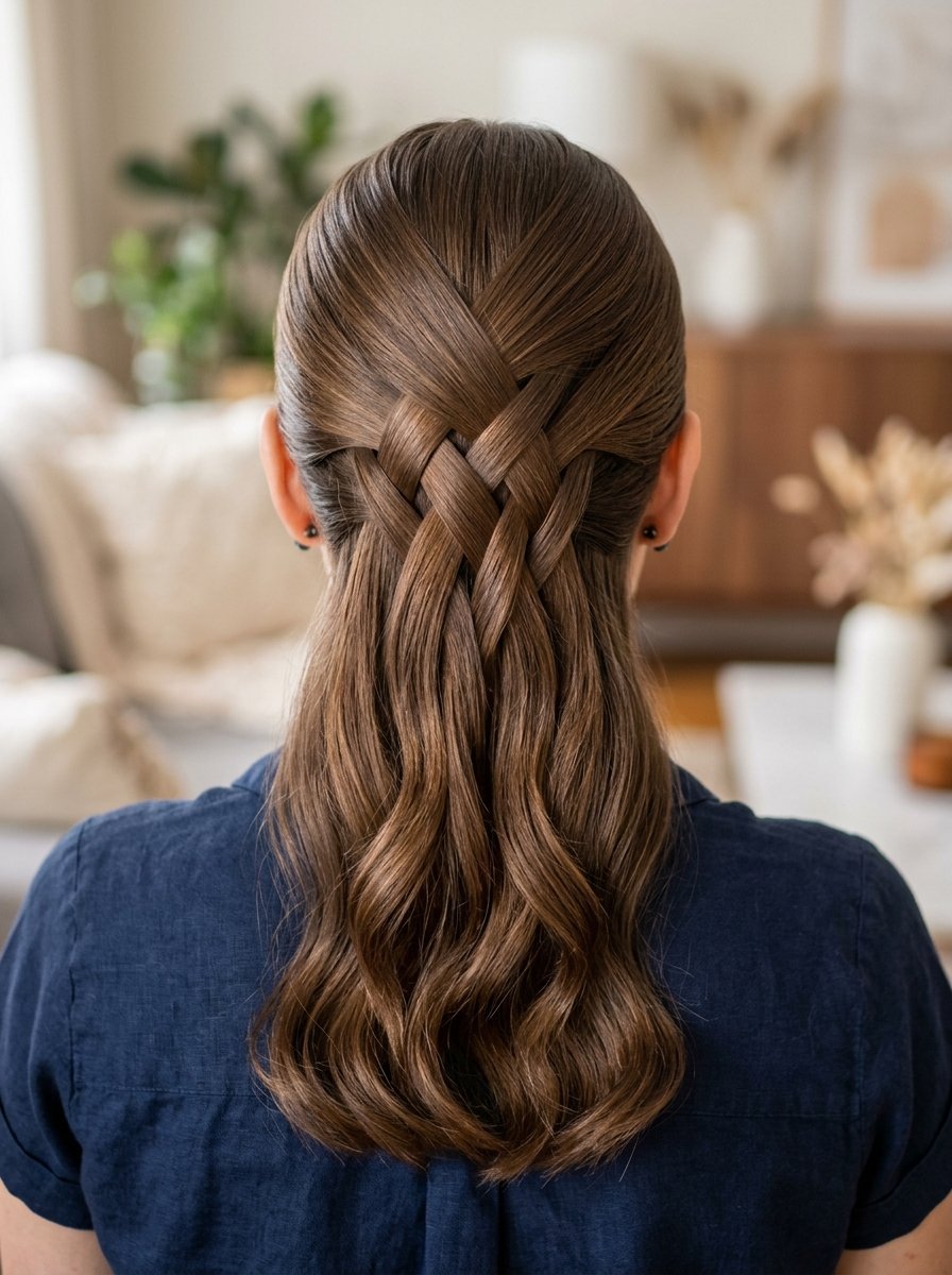 Close-up back view of brown hair styled in a decorative basket weave half-up braid.