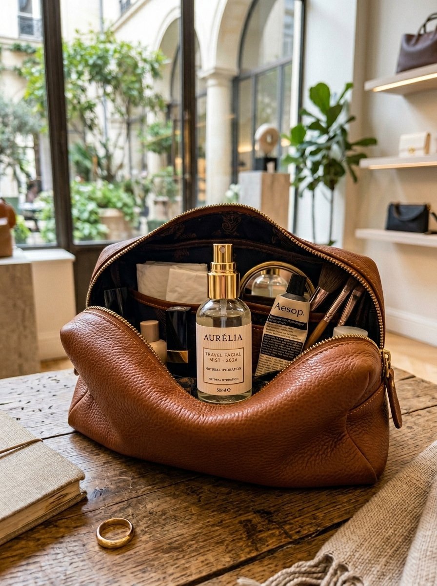 An open leather makeup bag sits on a wood table, featuring Aurelia facial mist, Aesop cream, and cosmetic brushes.