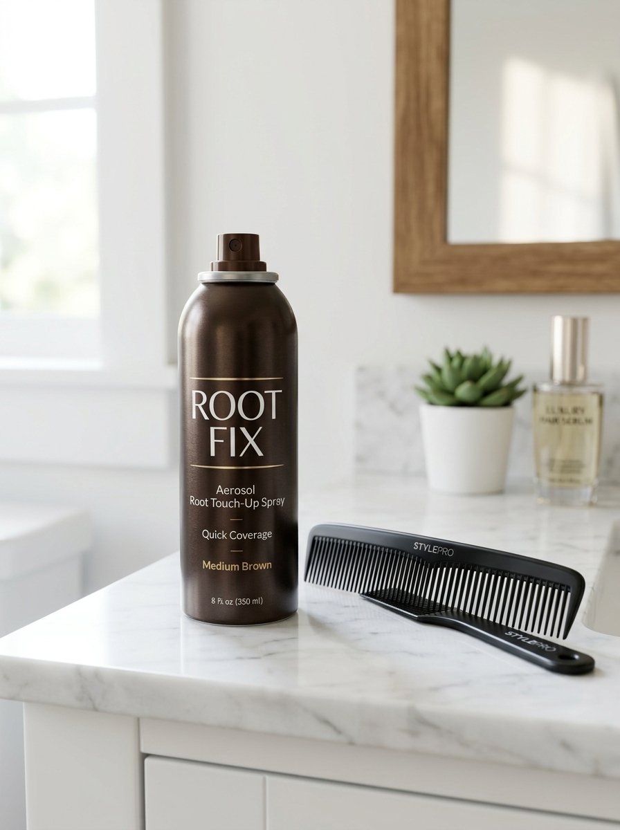 Medium brown hair root touch-up spray can standing next to a black plastic hair comb on a white marble vanity.
