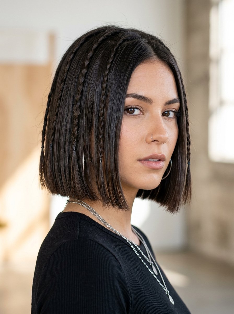 Close-up portrait of a woman wearing a short dark hairstyle with thin braided strands framing her face.