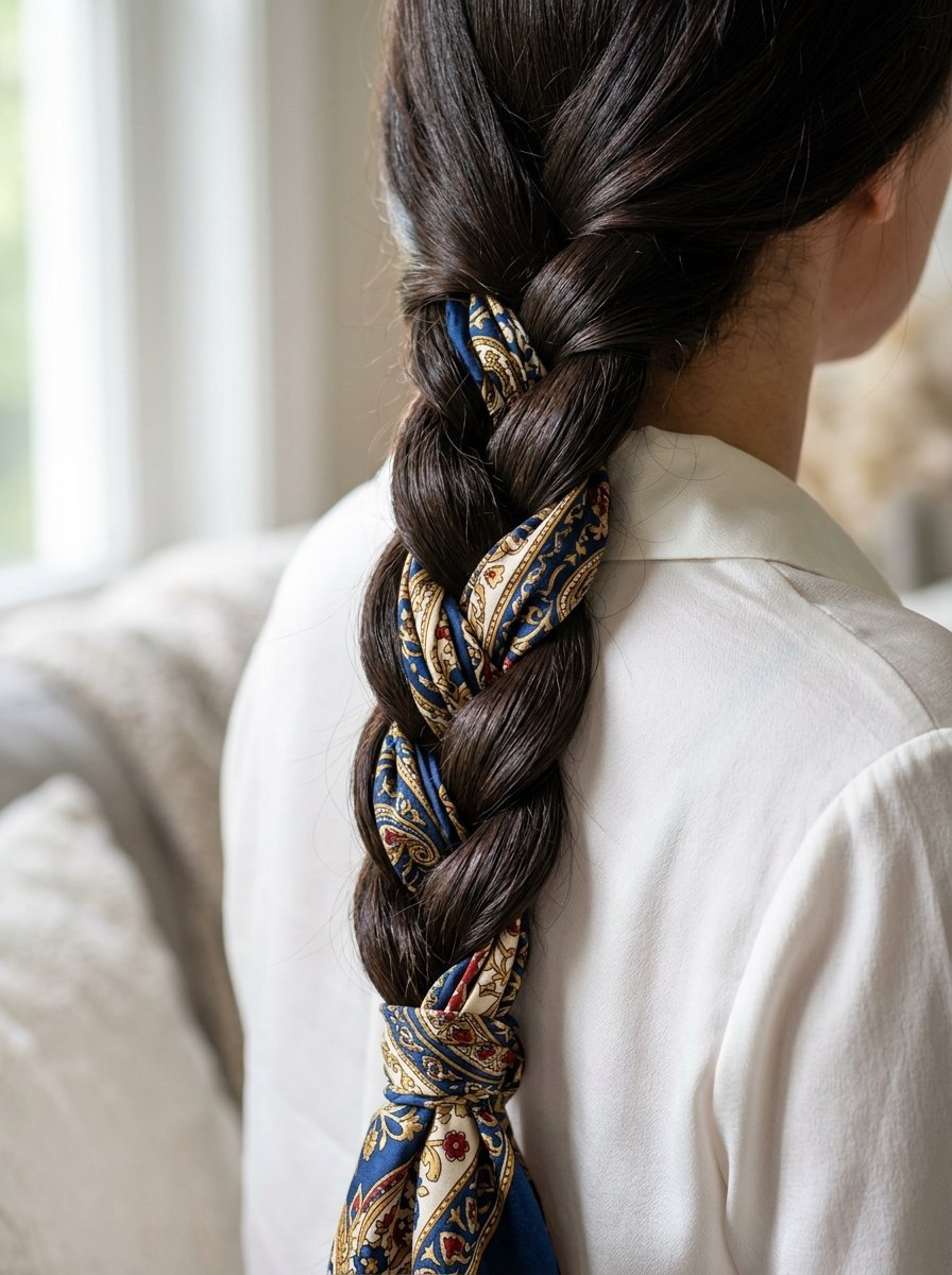 A woman from behind with long dark hair styled in a thick braid wrapped with a blue and gold patterned silk scarf.