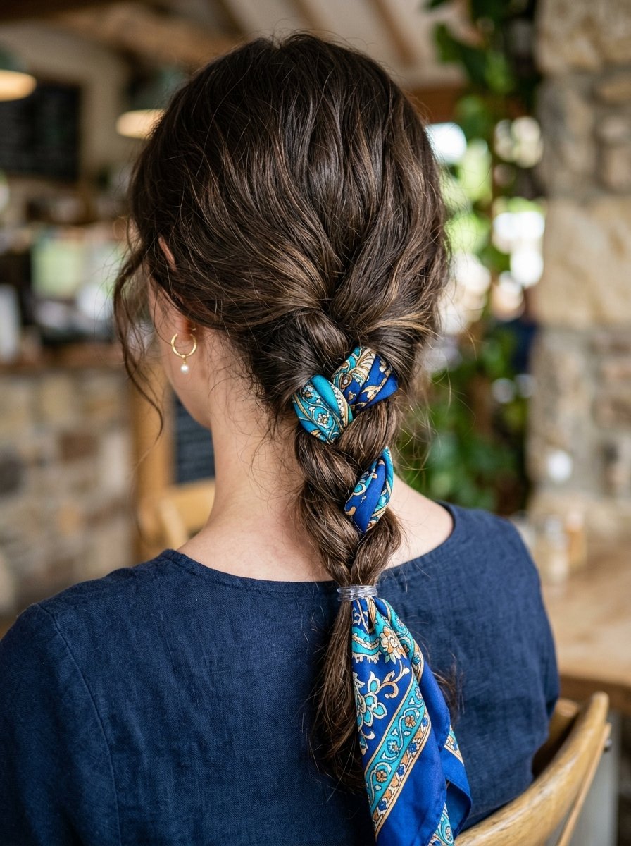 A woman from behind wears a textured braid woven with a vibrant blue and gold patterned headscarf.