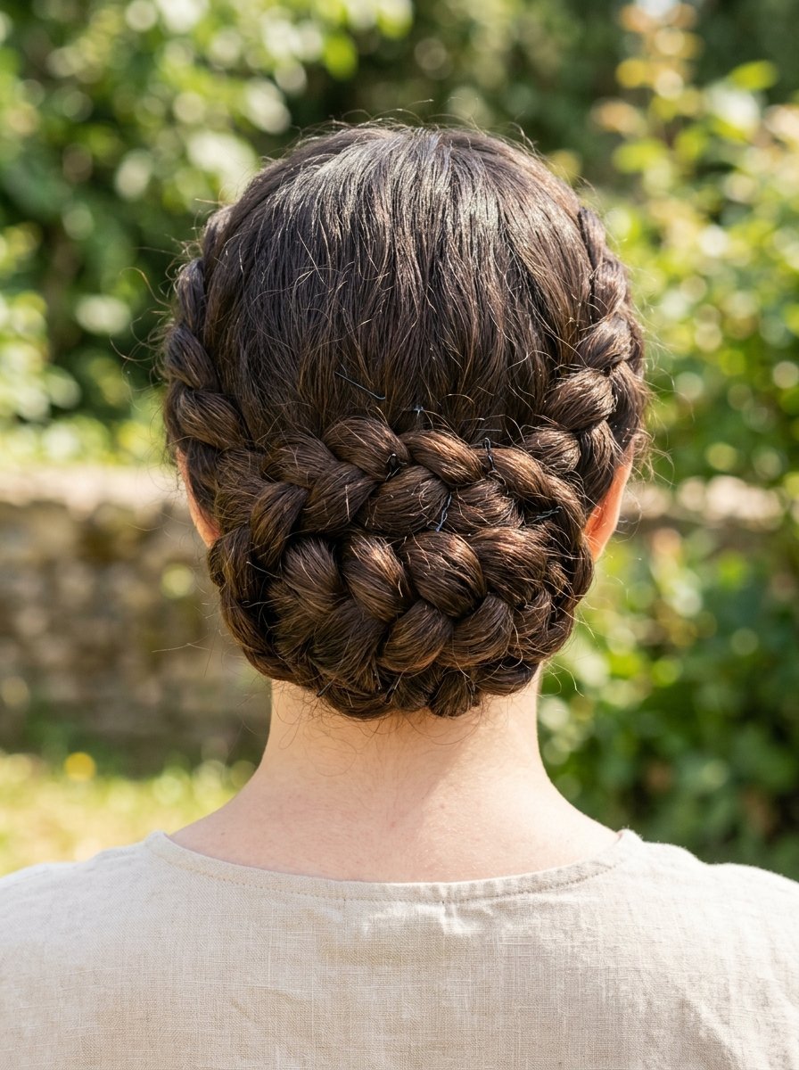 Back view of a person with brown hair in a complex woven crown braid gathered into a low updo.