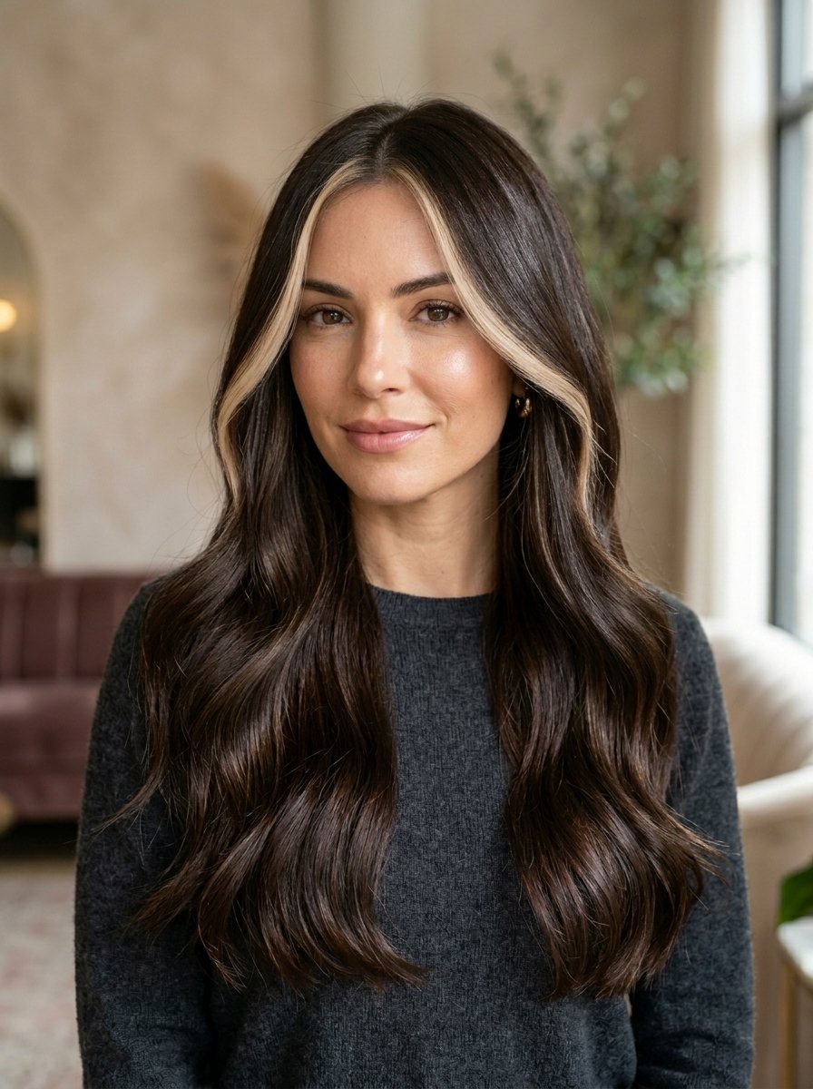 Close-up of a woman with long, wavy dark brunette hair and distinct blonde streaks framing her face.