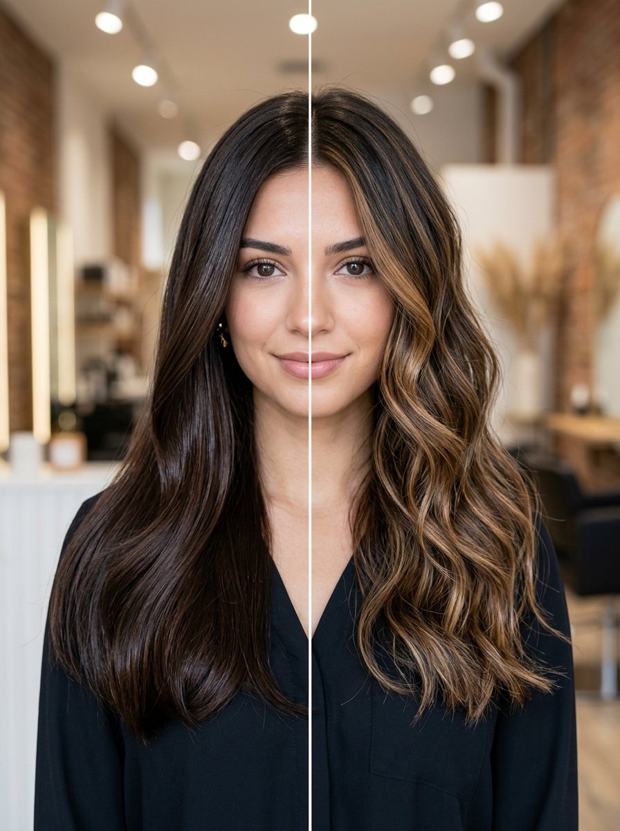 Woman showcasing dark brown hair on the left and dimensional highlighted waves on the right.
