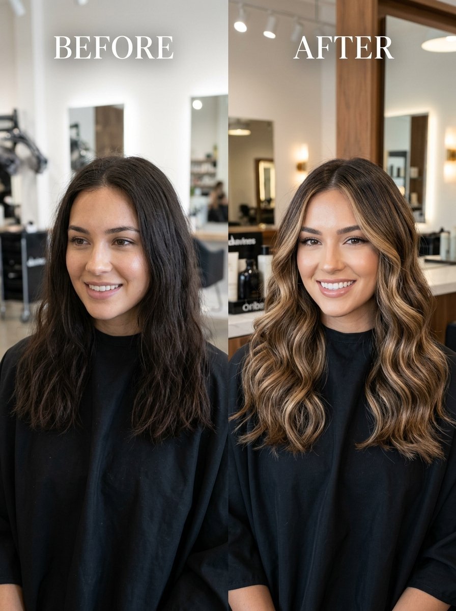 Split screen image showing a woman with plain dark hair on the left and bright dimensional highlights on the right.