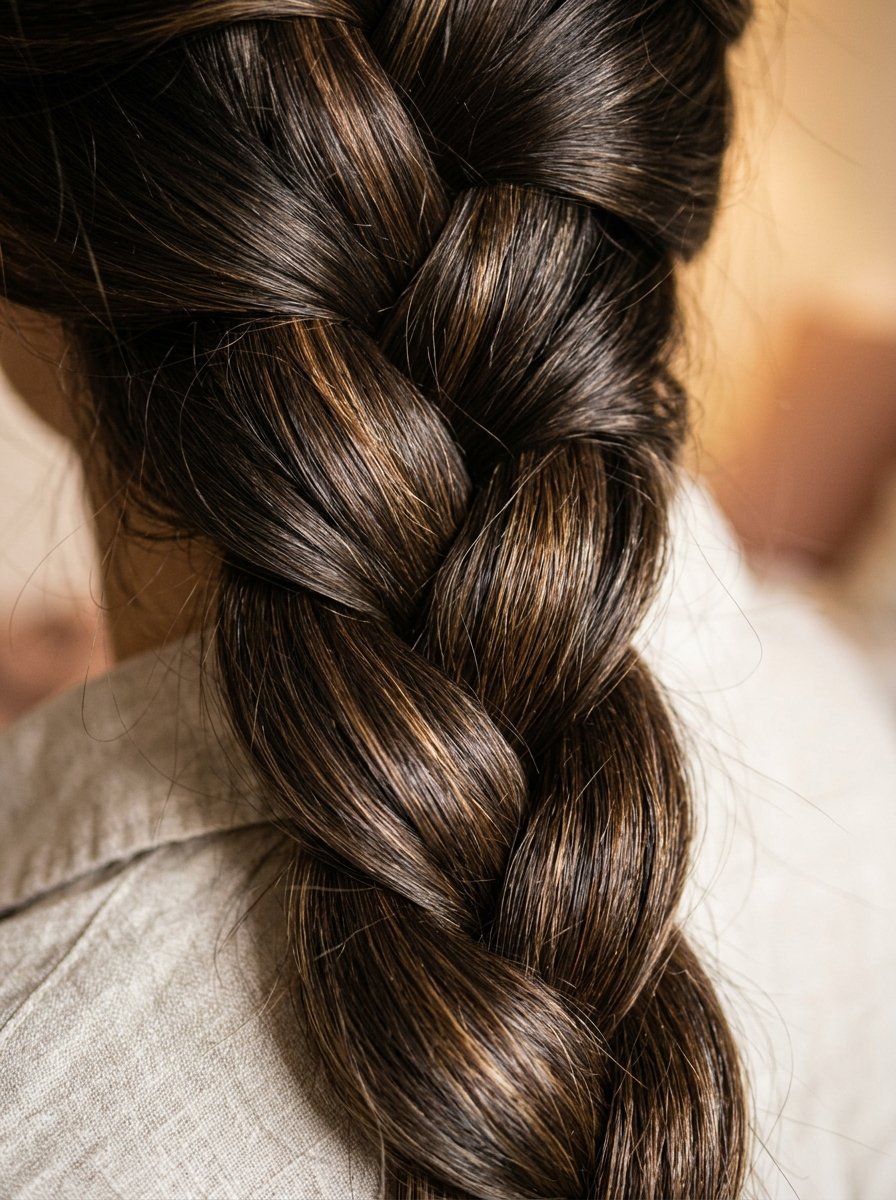 Back view of a person with long brown highlighted hair styled in a tight French plait wearing a linen shirt.