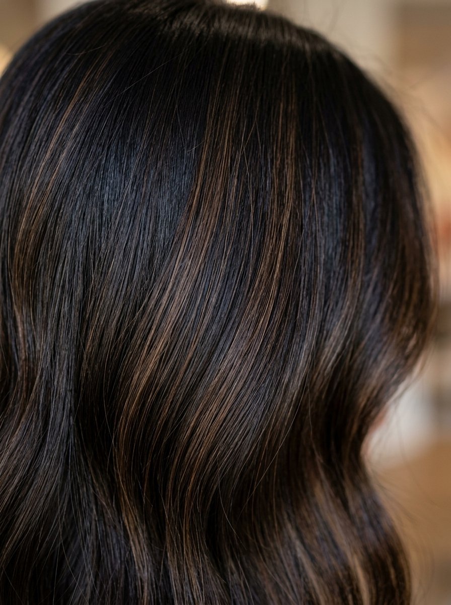 Close up of straight dark brown hair featuring soft light brown highlights and a smooth, glossy finish.