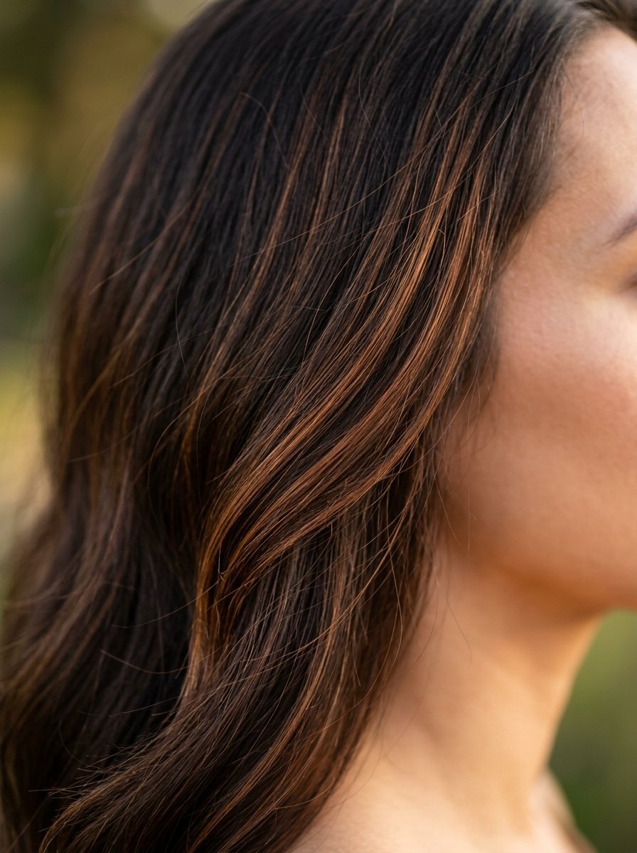 Side view of a woman with long, wavy brunette hair featuring subtle copper-toned highlights.