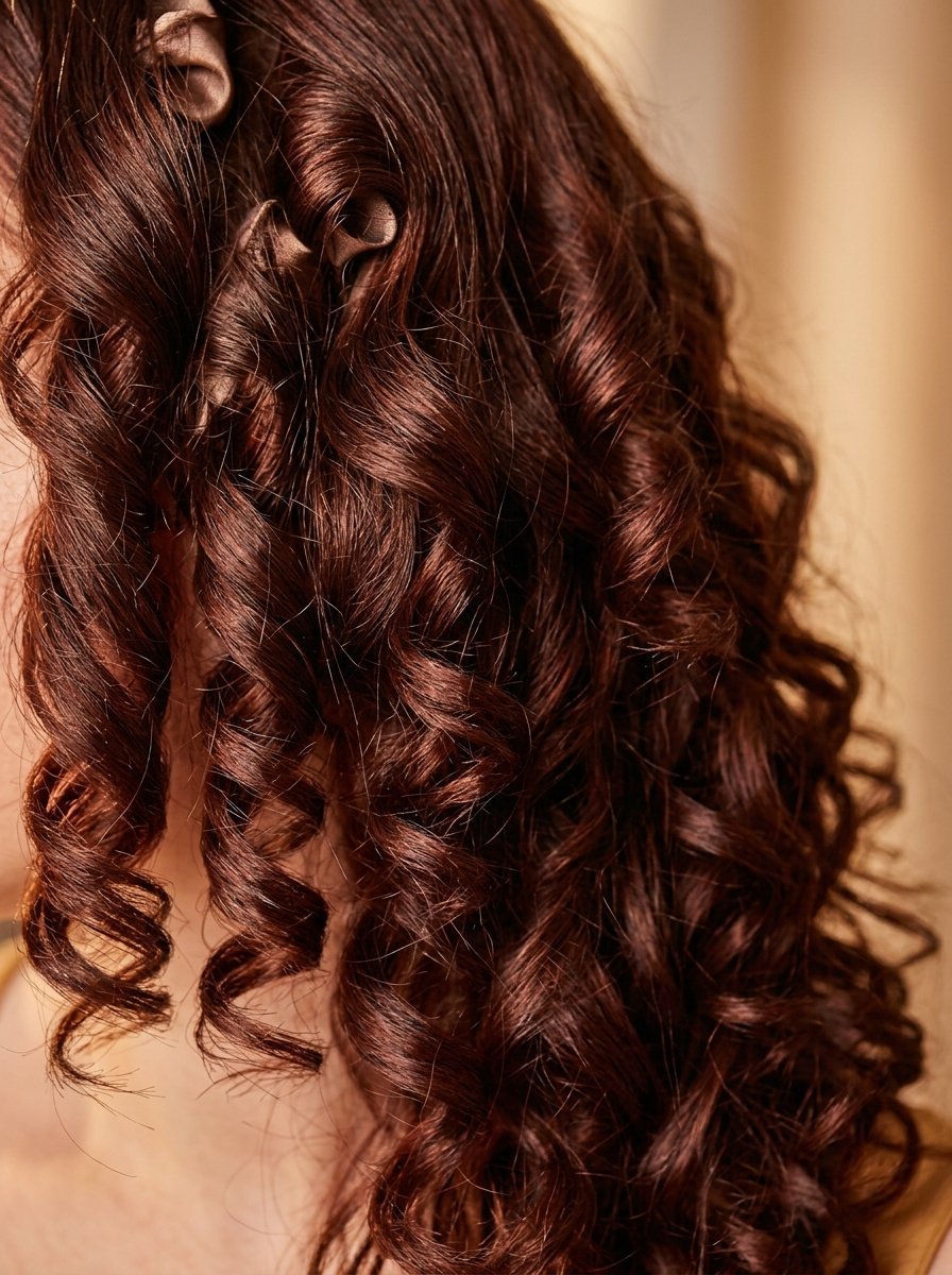 Shiny dark brown ringlets held in place by small fabric hair curling tools