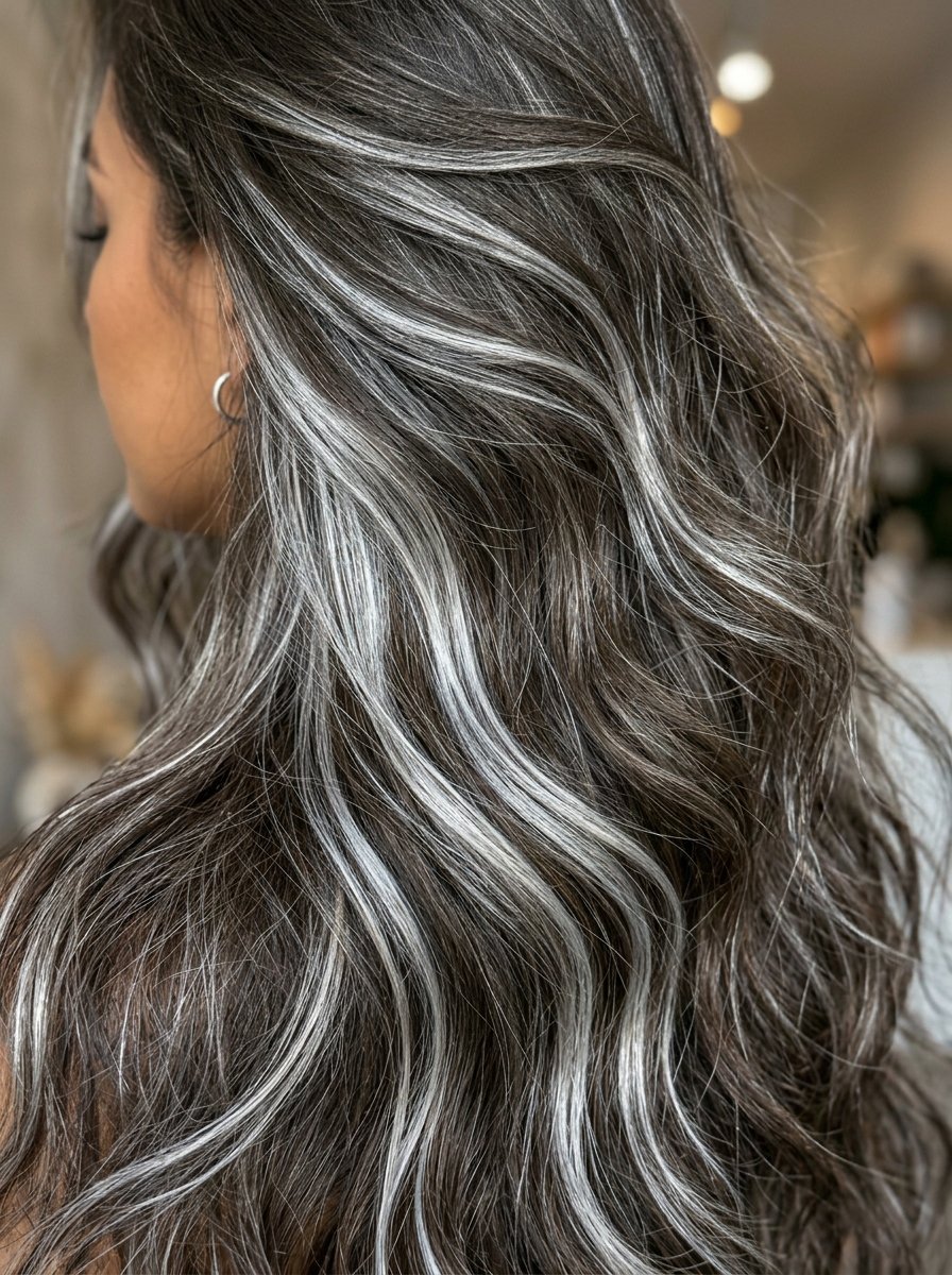 Close up of long dark brown hair styled in soft waves with vibrant metallic grey streaks throughout.