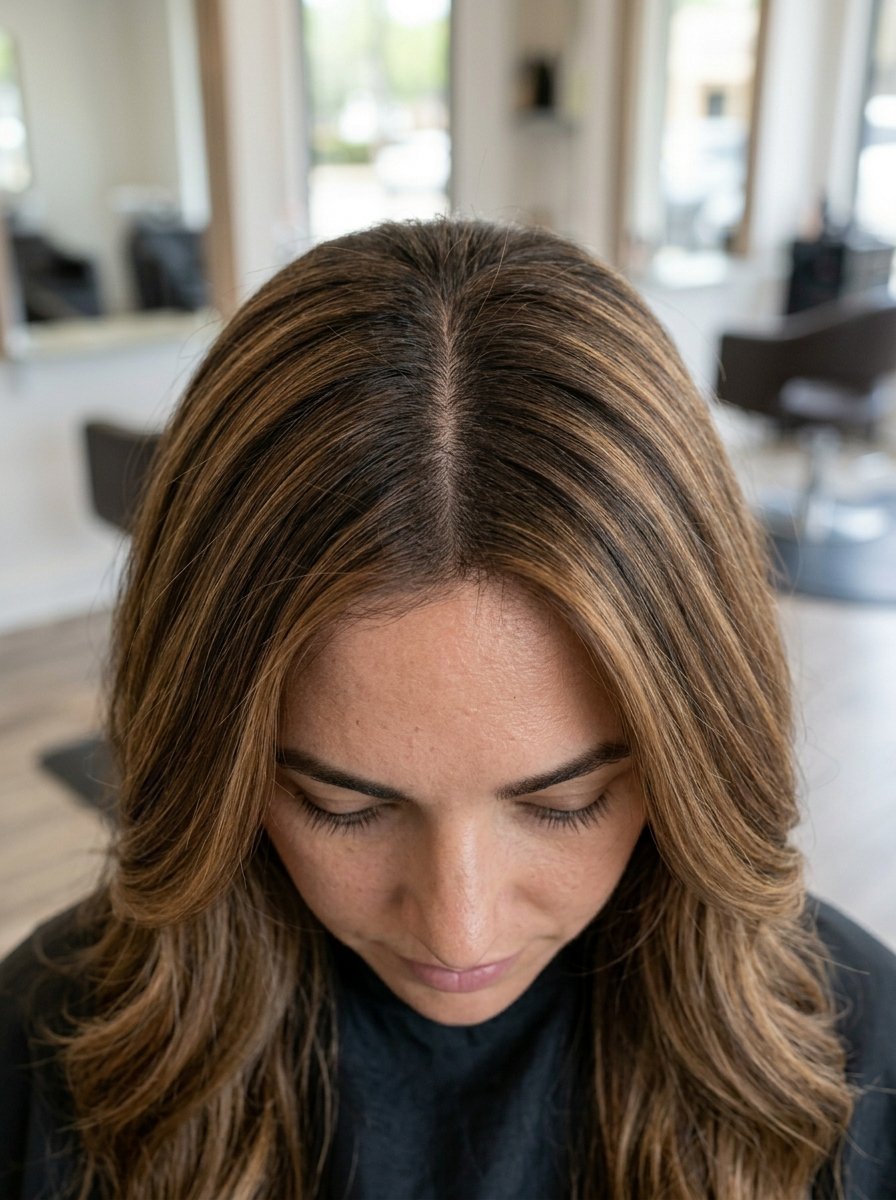 Close up overhead view of a woman with brown hair featuring subtle blonde highlights and a clean center part.